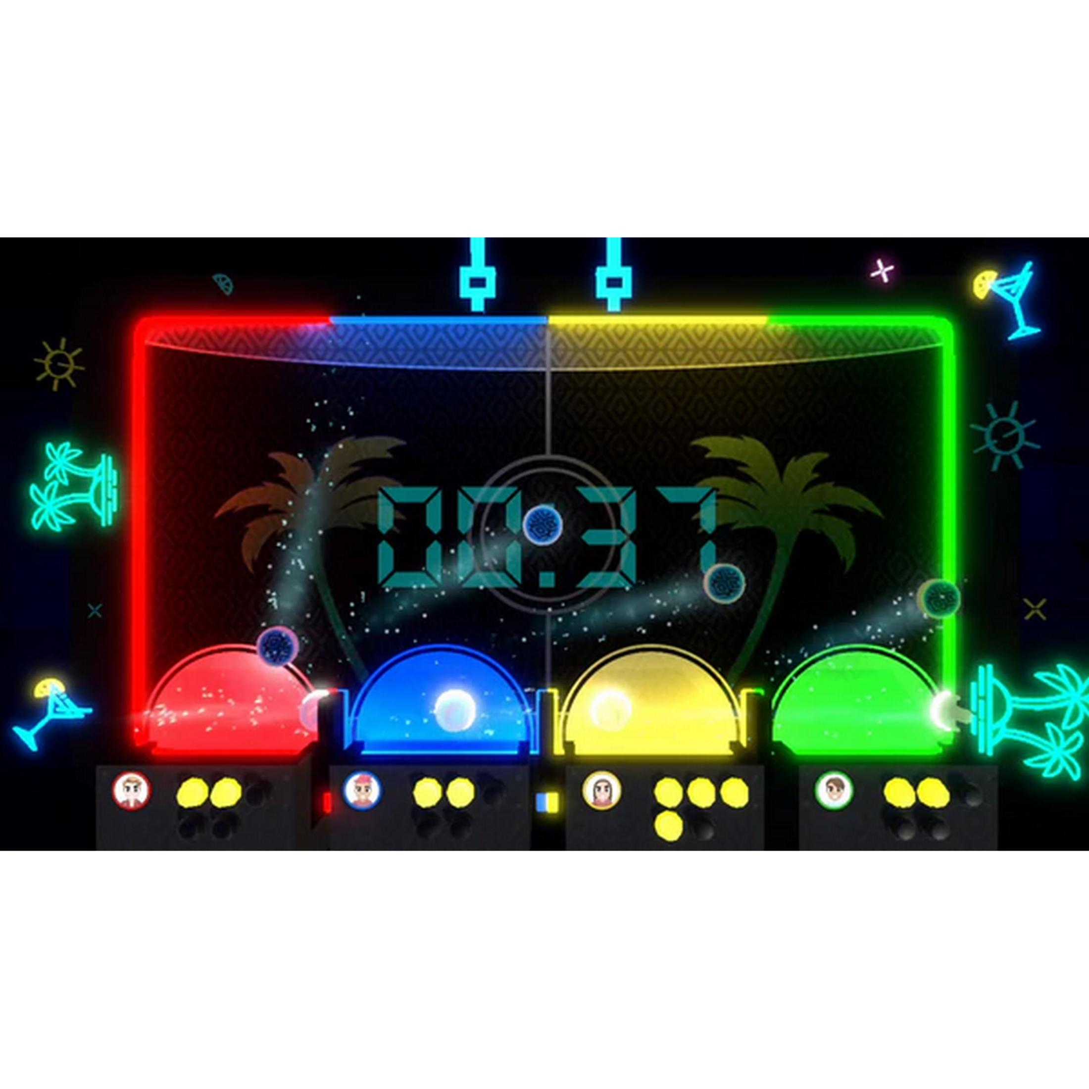 Gioco al neon con quattro stazioni: rosso, blu, giallo, verde. Conto alla rovescia 00:37.