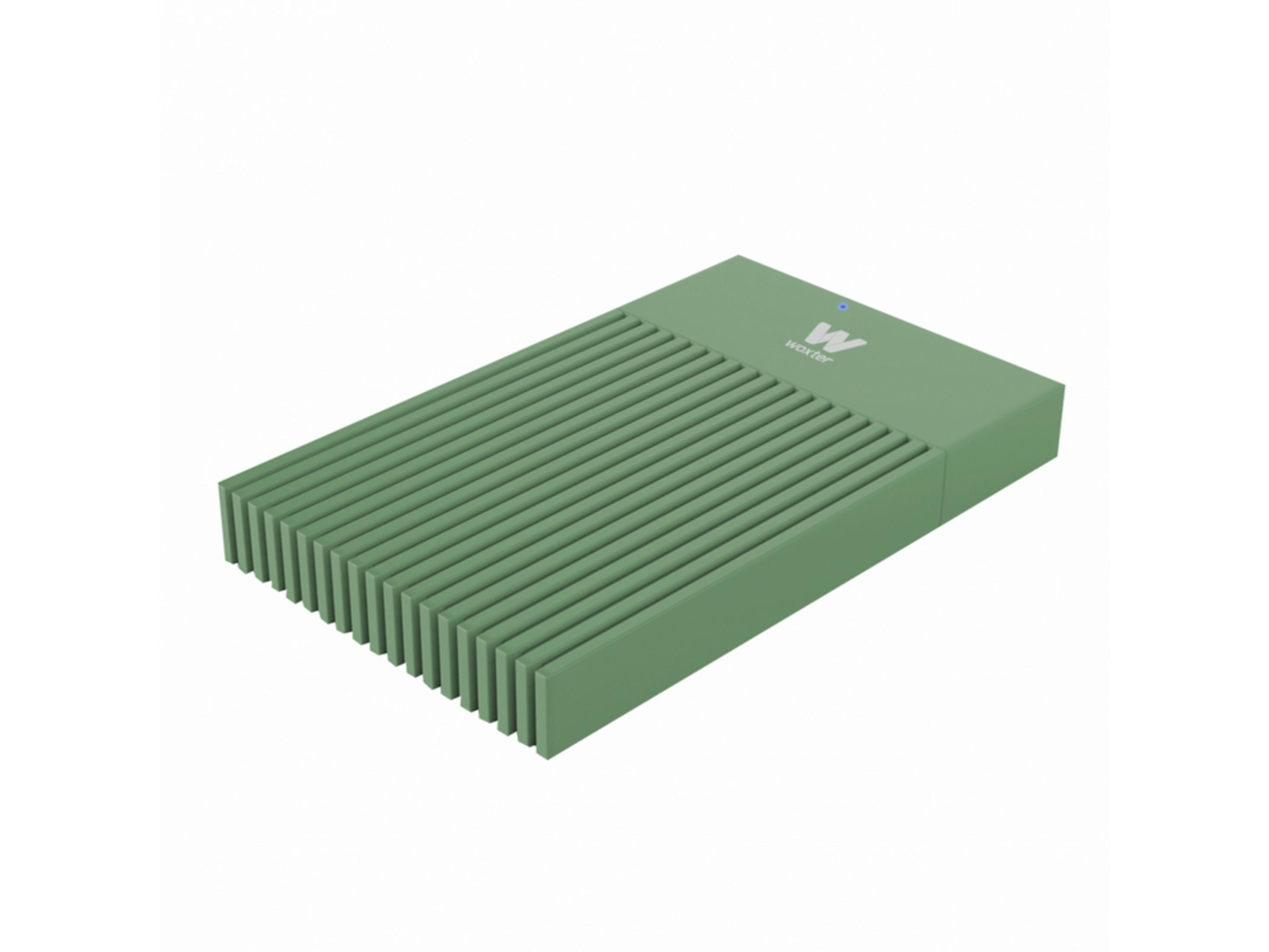 Un dispositivo rectangular verde con aletas y una luz azul.