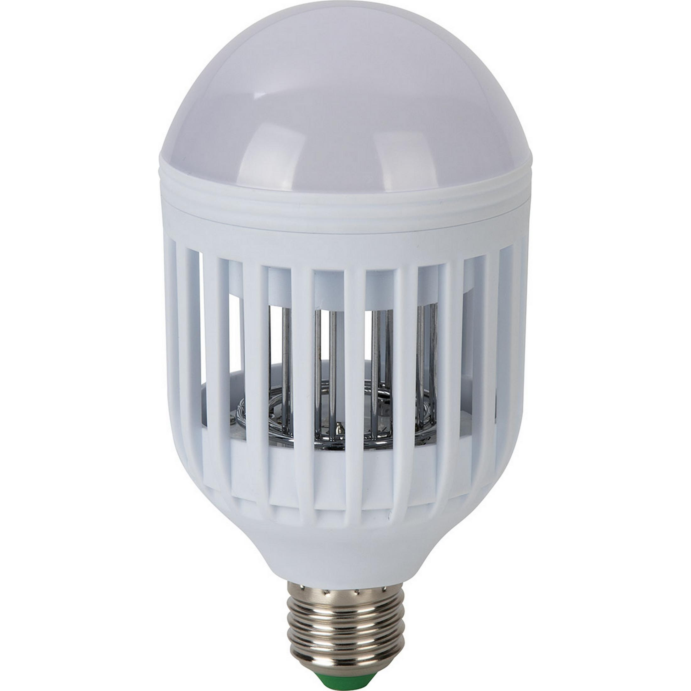 Lámpara LED blanca con estructura de jaula y varillas metálicas dentro.