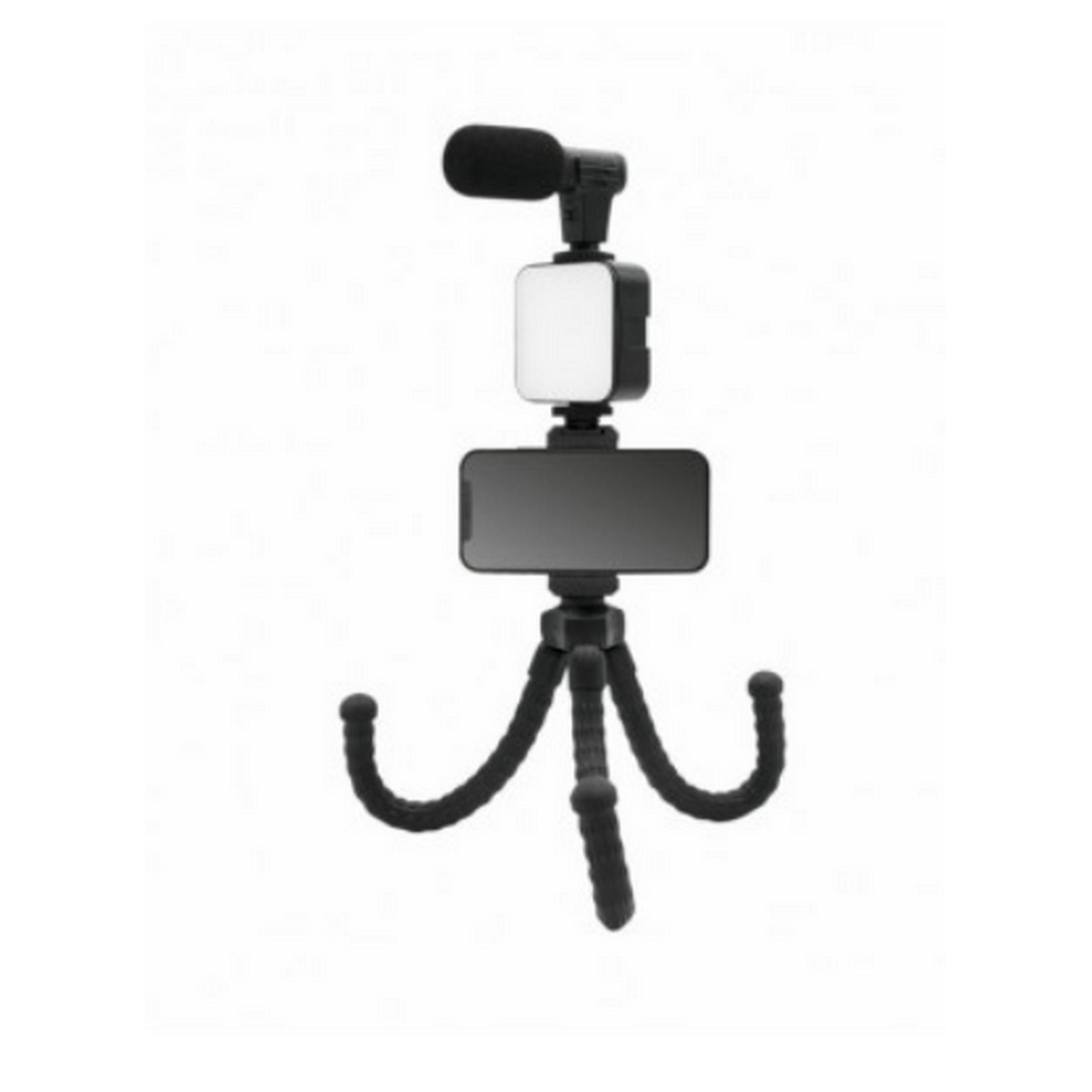 Un soporte negro para smartphone con micrófono y luz LED en un trípode flexible.