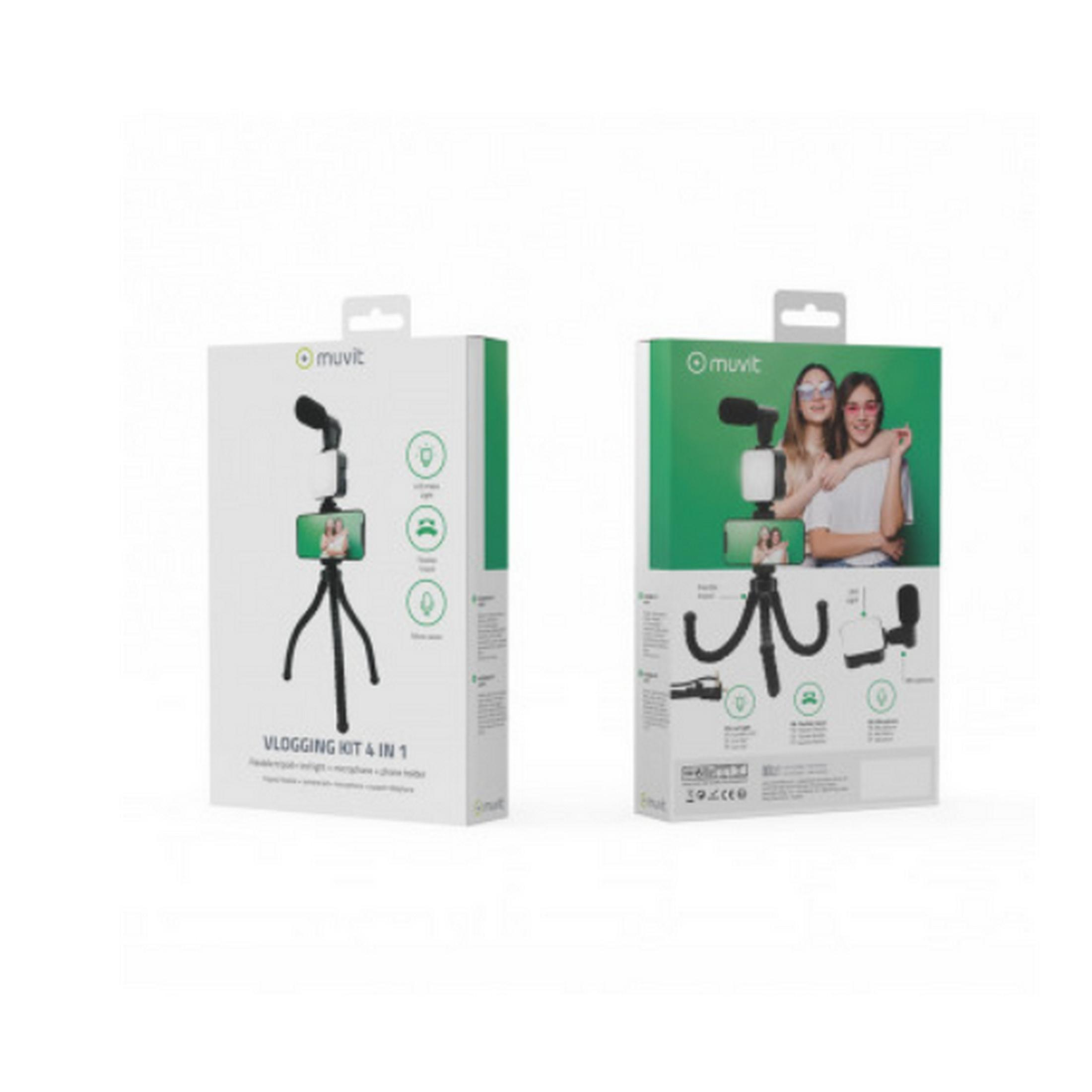 Embalaje de un kit de vlogging Muvit con trípode, micrófono y luz.