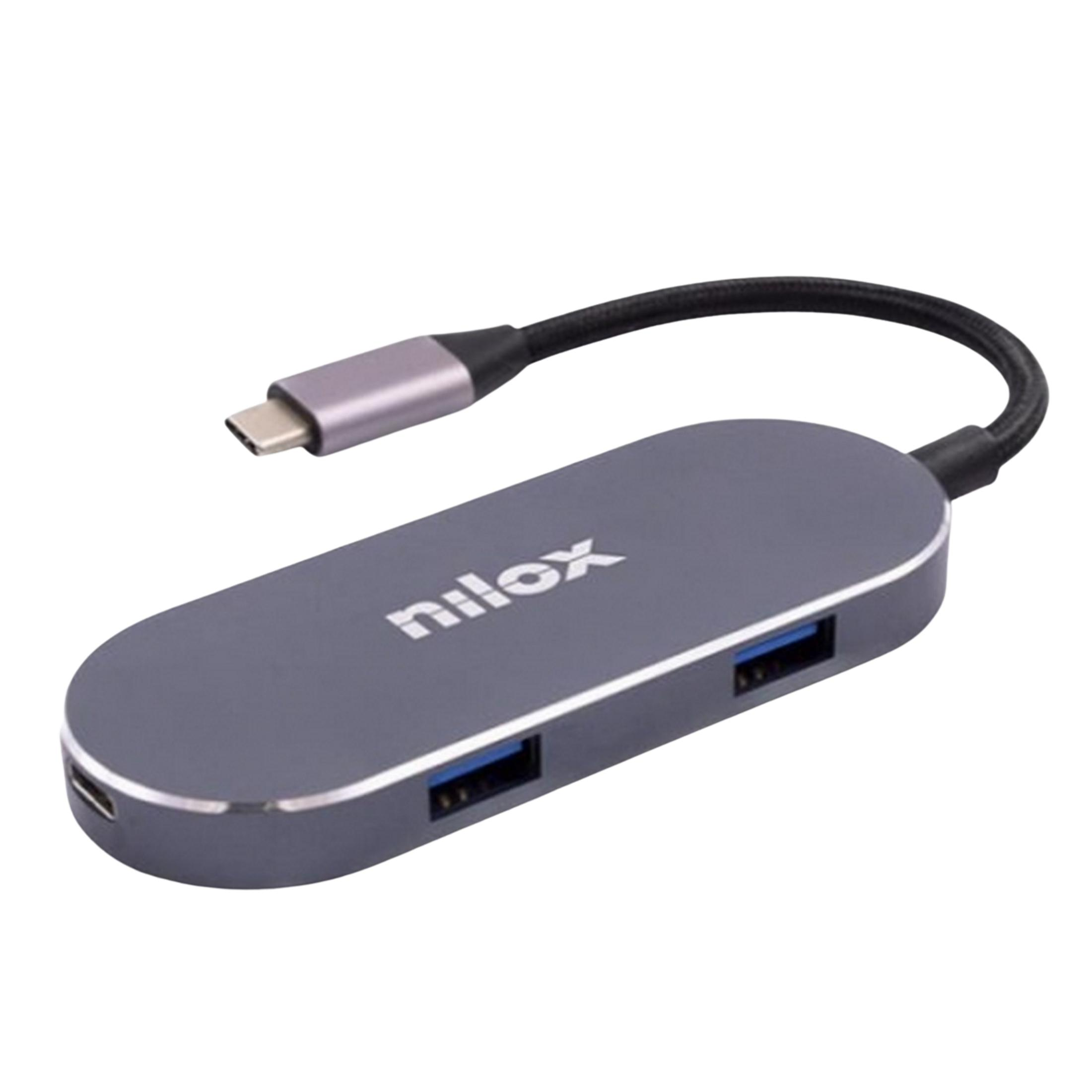 Hub USB-C grigio con due porte USB-A e una porta USB-C.