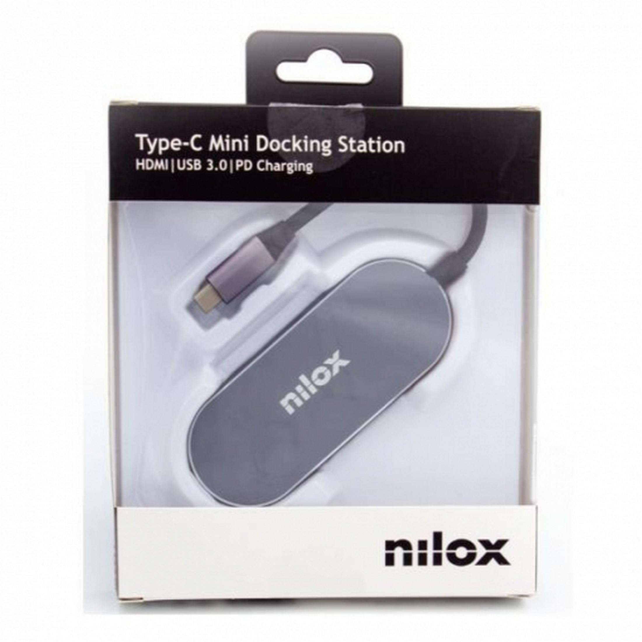 Docking station USB-C Nilox grigia con HDMI e USB 3.0 in confezione.