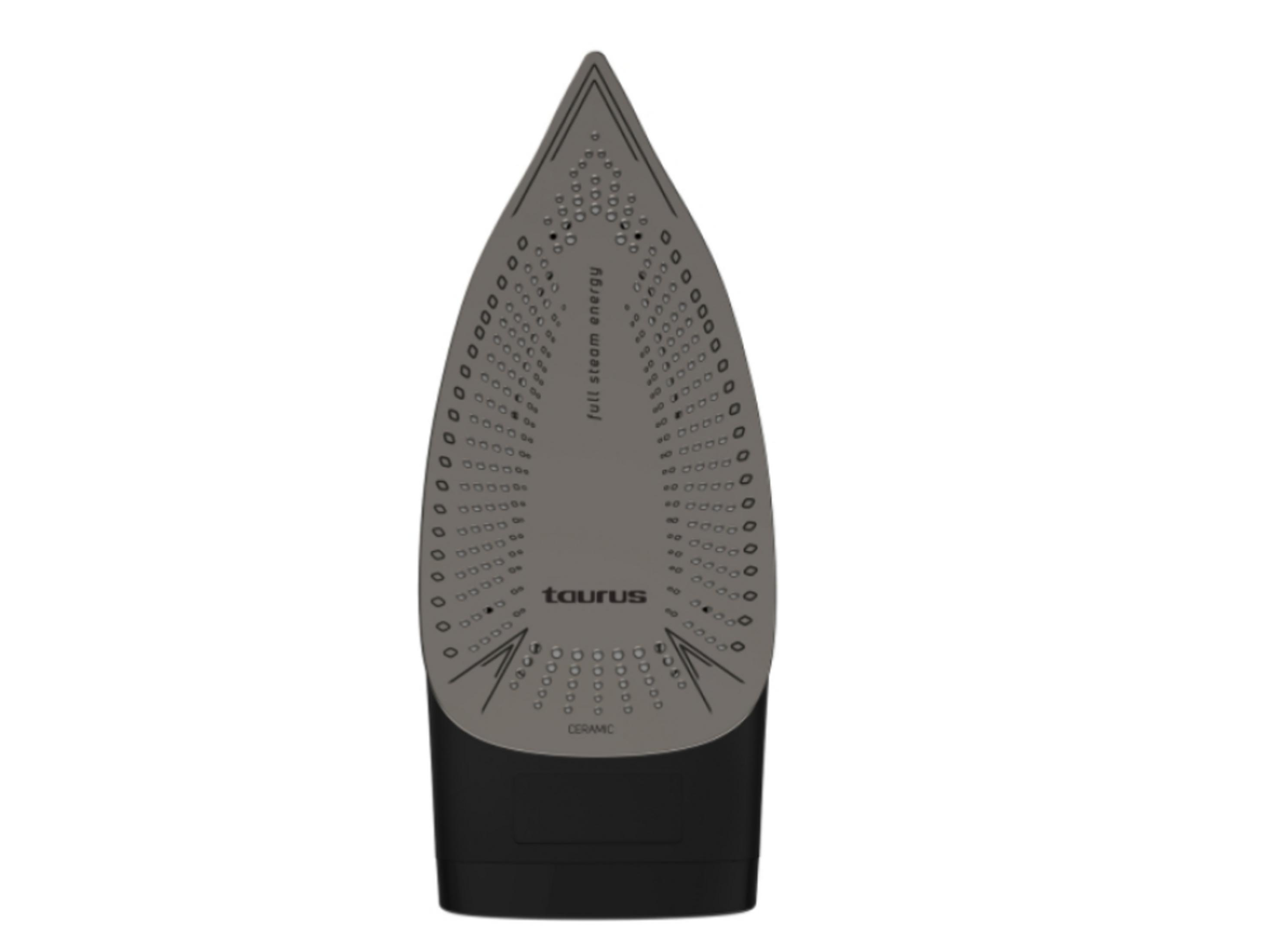 Suela de plancha gris con orificios de vapor y logo Taurus.