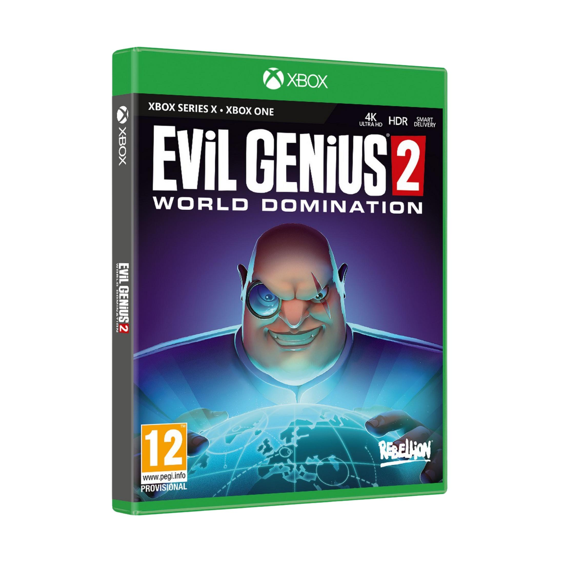 Custodia Xbox per Evil Genius 2 con un cattivo che guarda un globo terrestre.