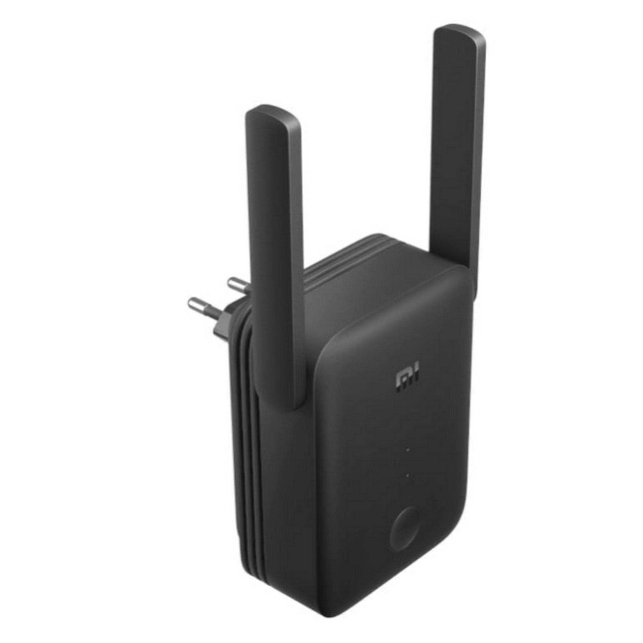 Un extensor Wi-Fi negro con dos antenas y un enchufe.