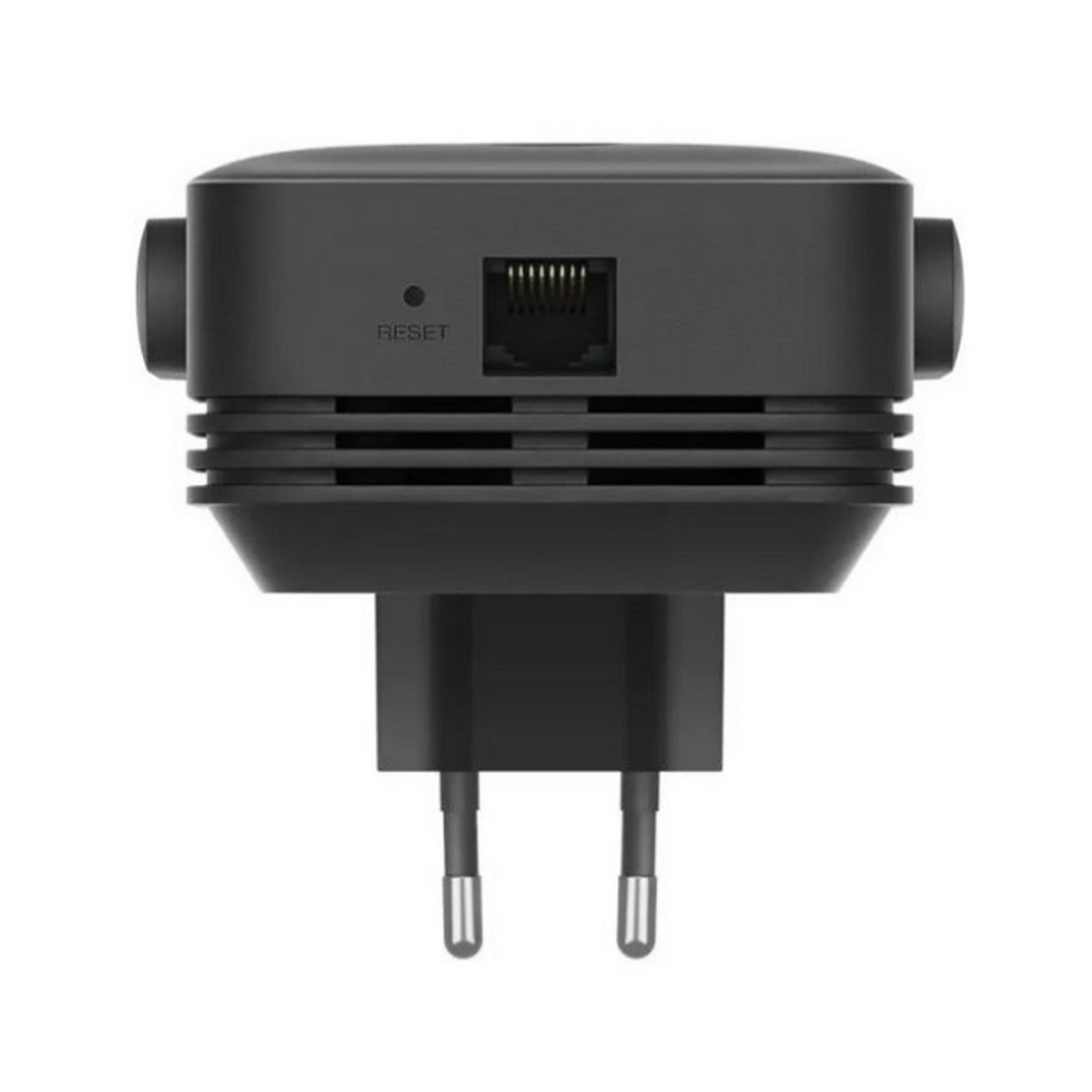Extensor WiFi negro con botón de reinicio, puerto Ethernet y enchufe UE.