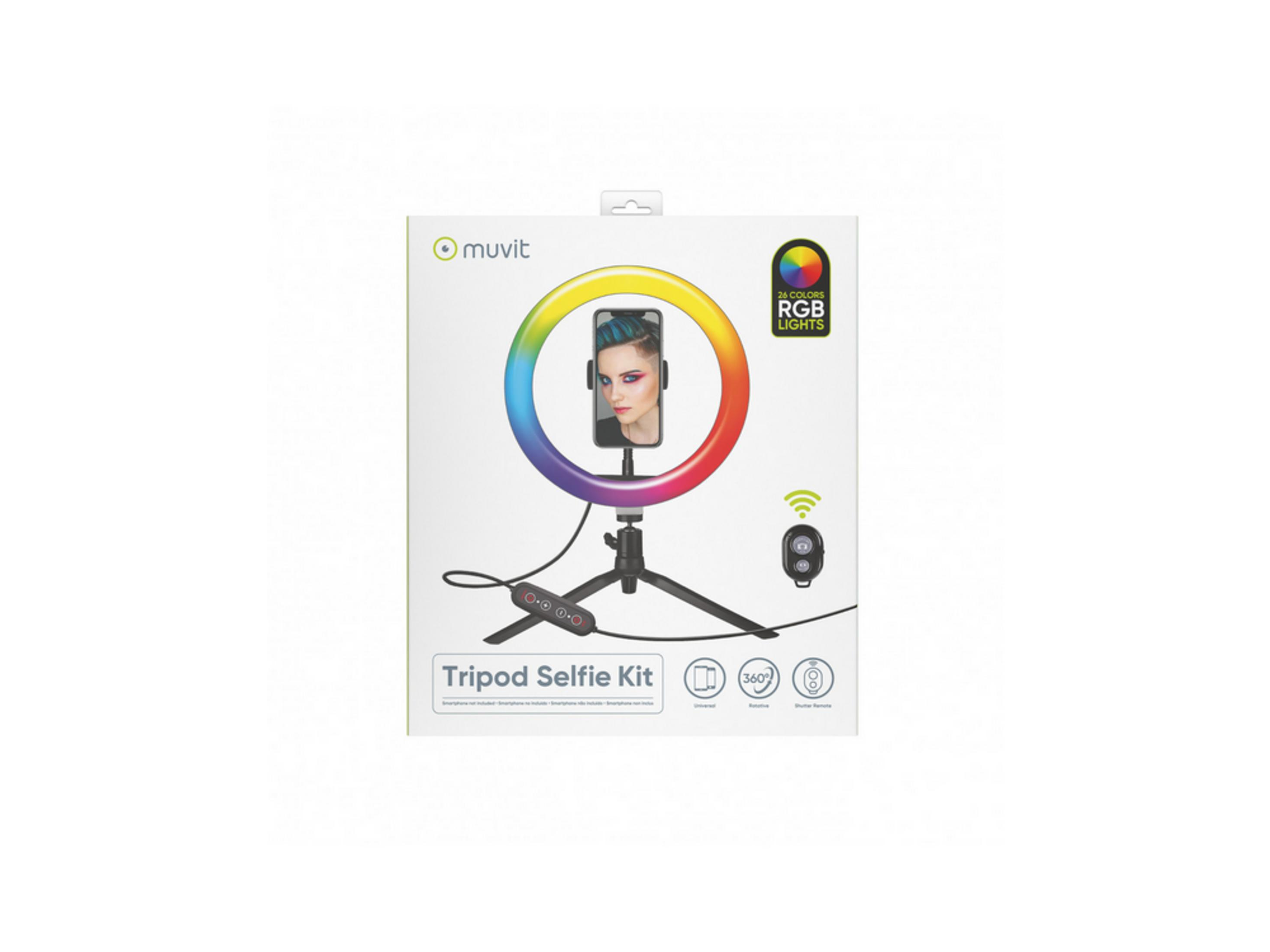 Embalaje de un kit de selfie trípode Muvit con luz RGB y control remoto.