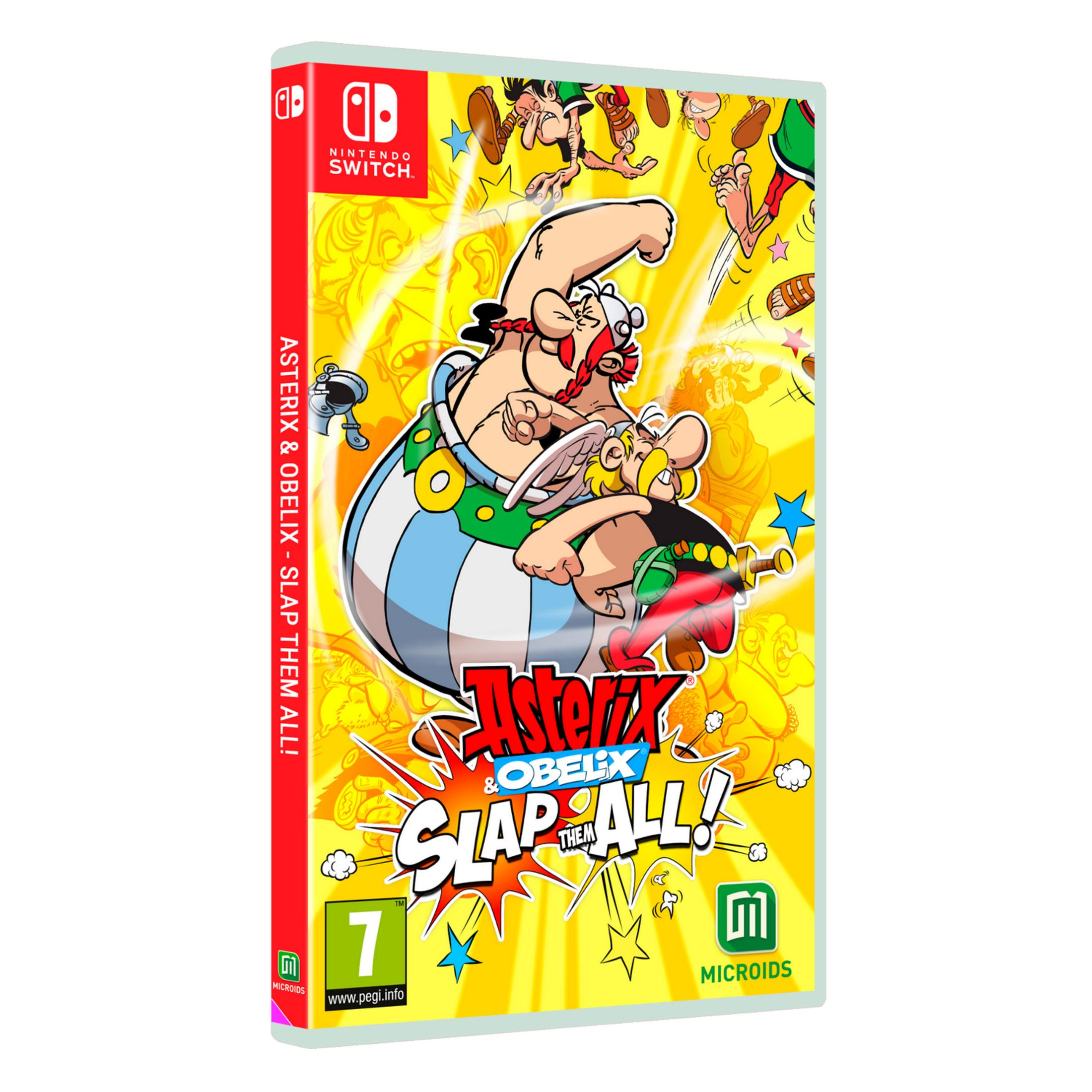 Caja del juego Nintendo Switch con personajes de Asterix y Obelix, fondo amarillo.