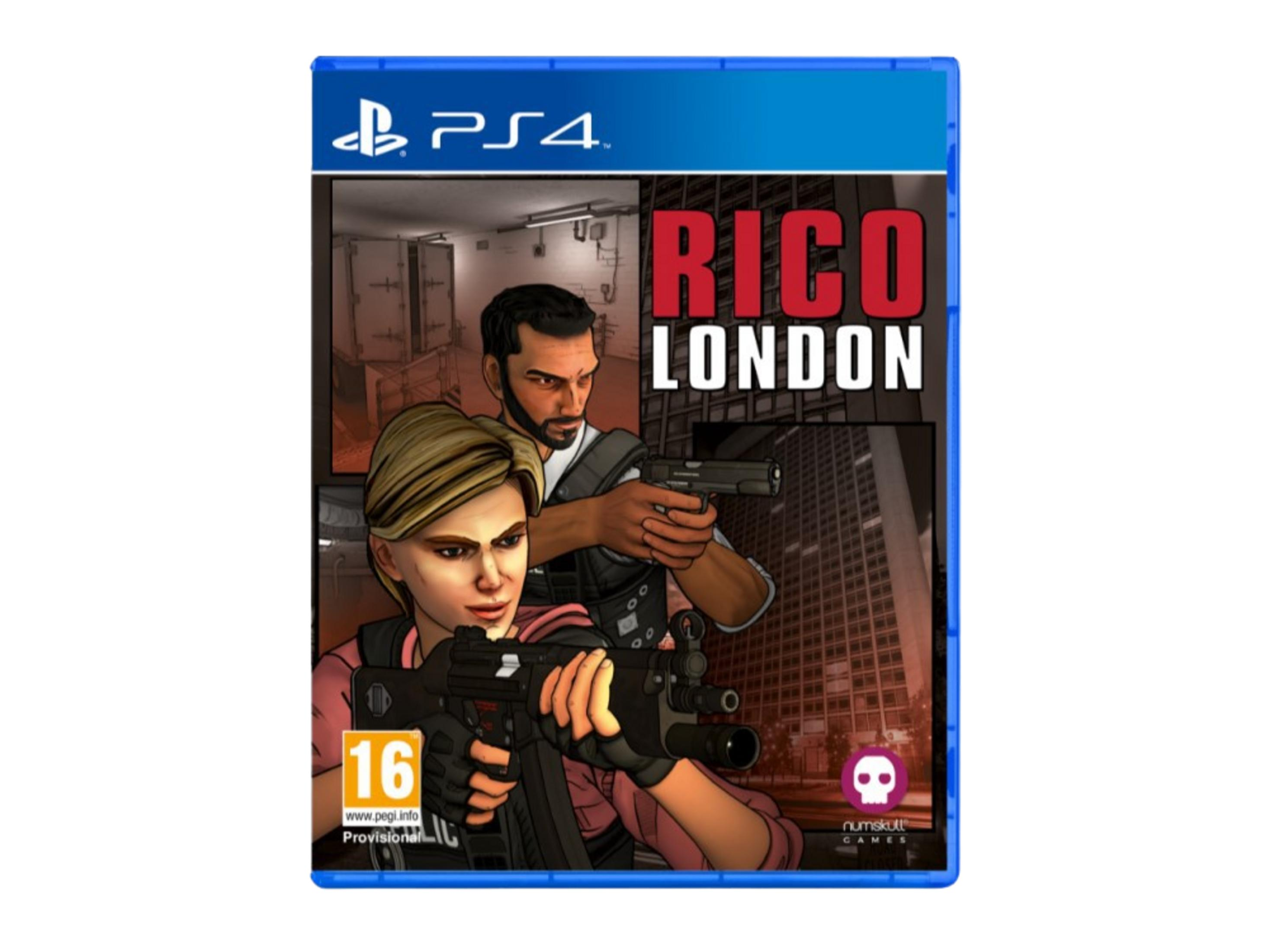 Copertina gioco PS4: RICO London con due personaggi armati davanti a un edificio.
