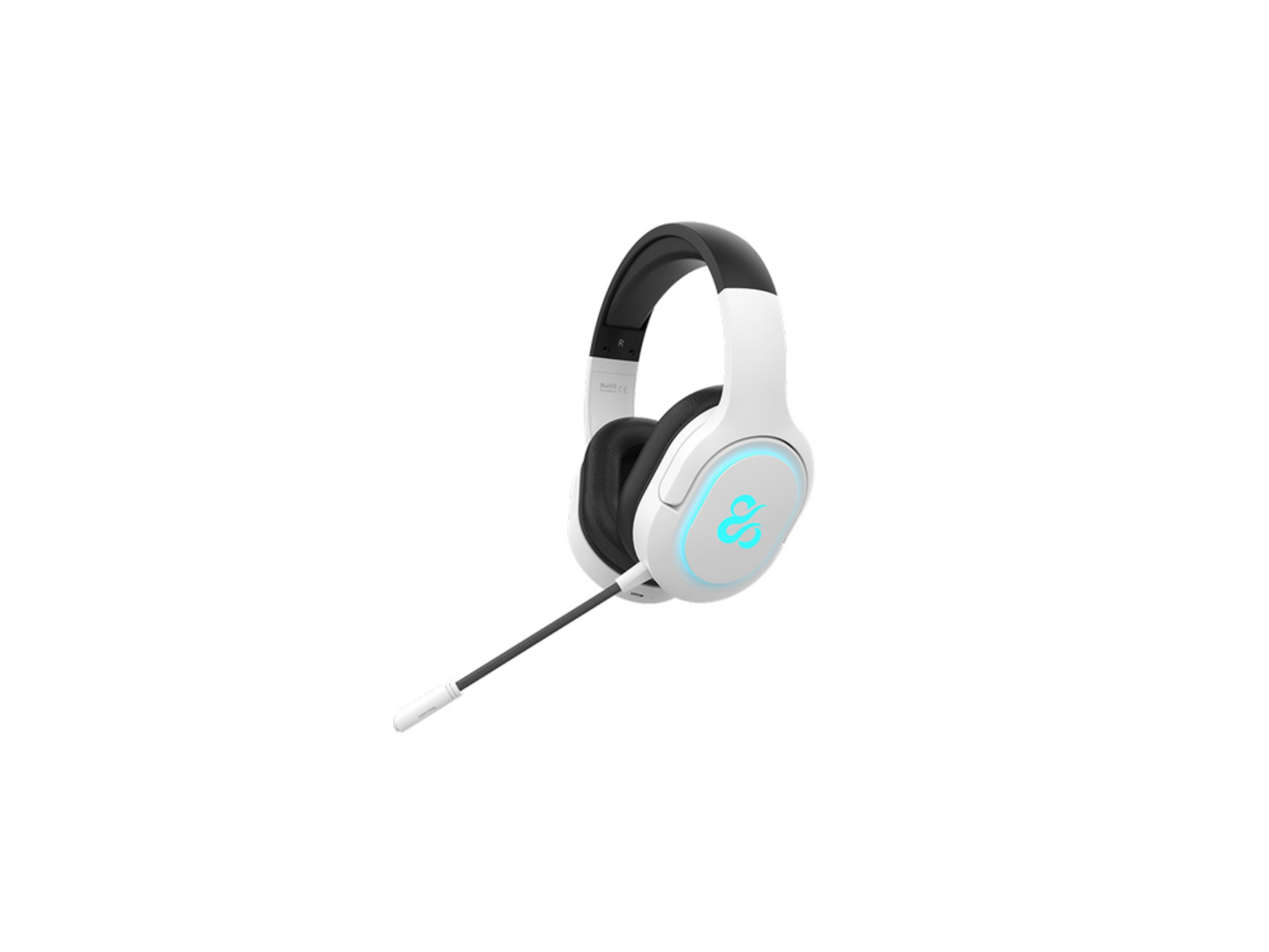 Cuffie bianche con microfono e logo illuminato di blu.