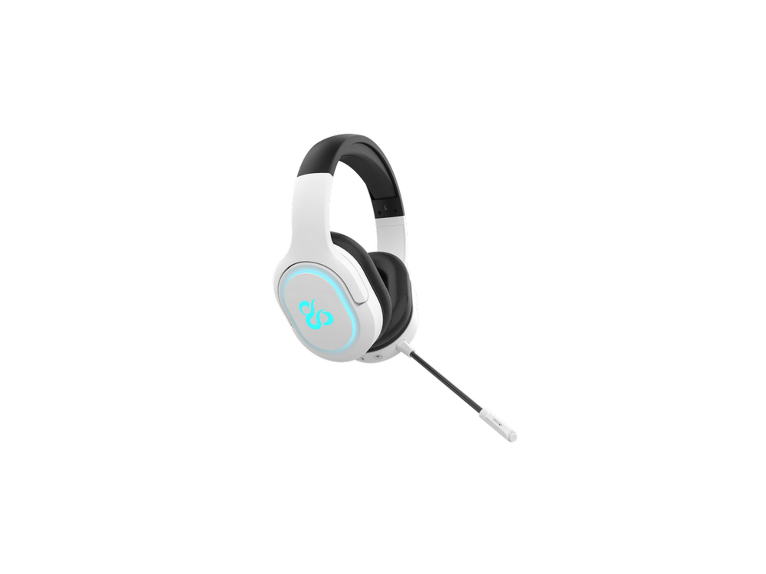 Cuffie bianche con archetto nero e logo blu luminoso.