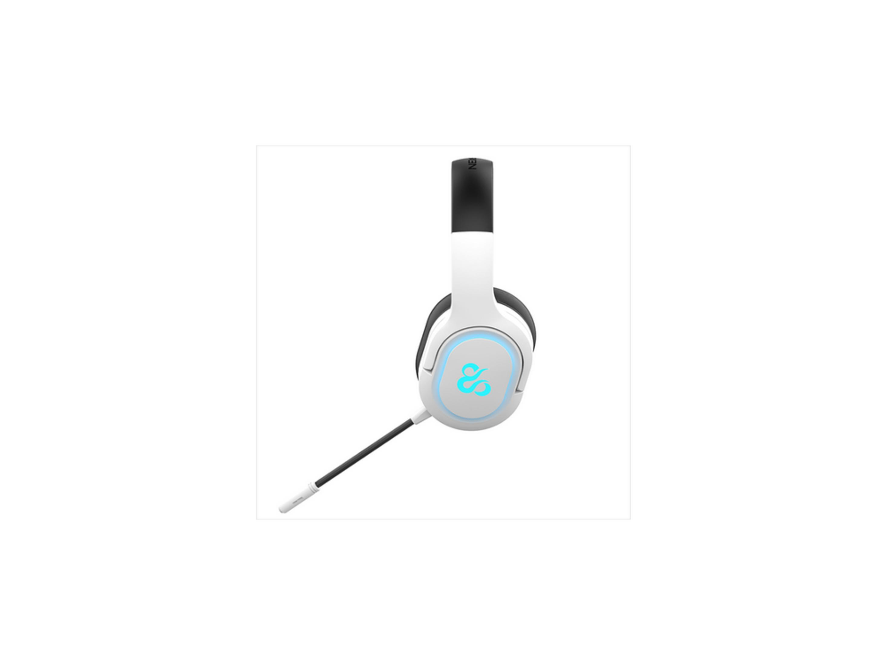 Cuffie bianche con microfono e logo blu.