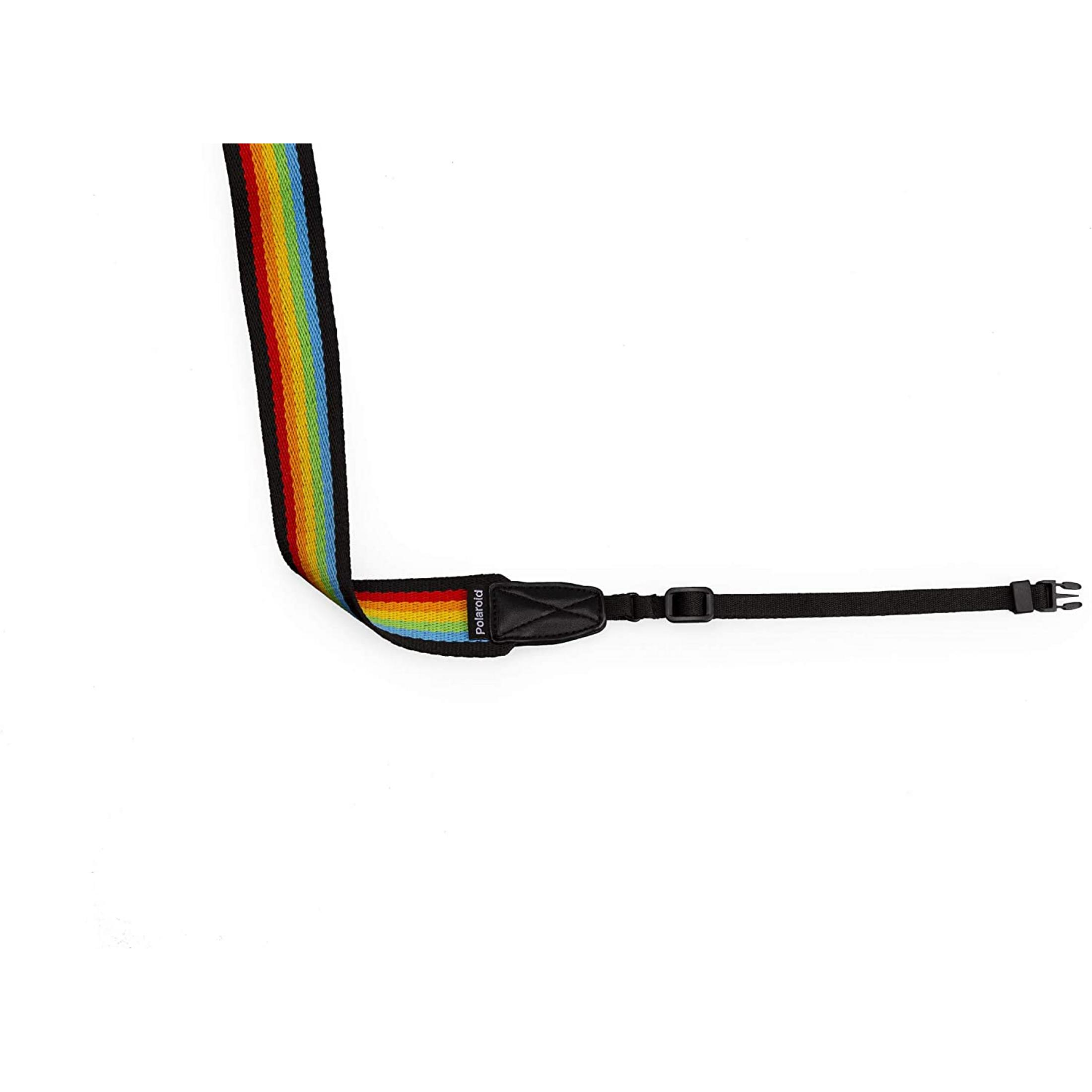 Una tracolla per fotocamera Polaroid con strisce arcobaleno e pelle nera.