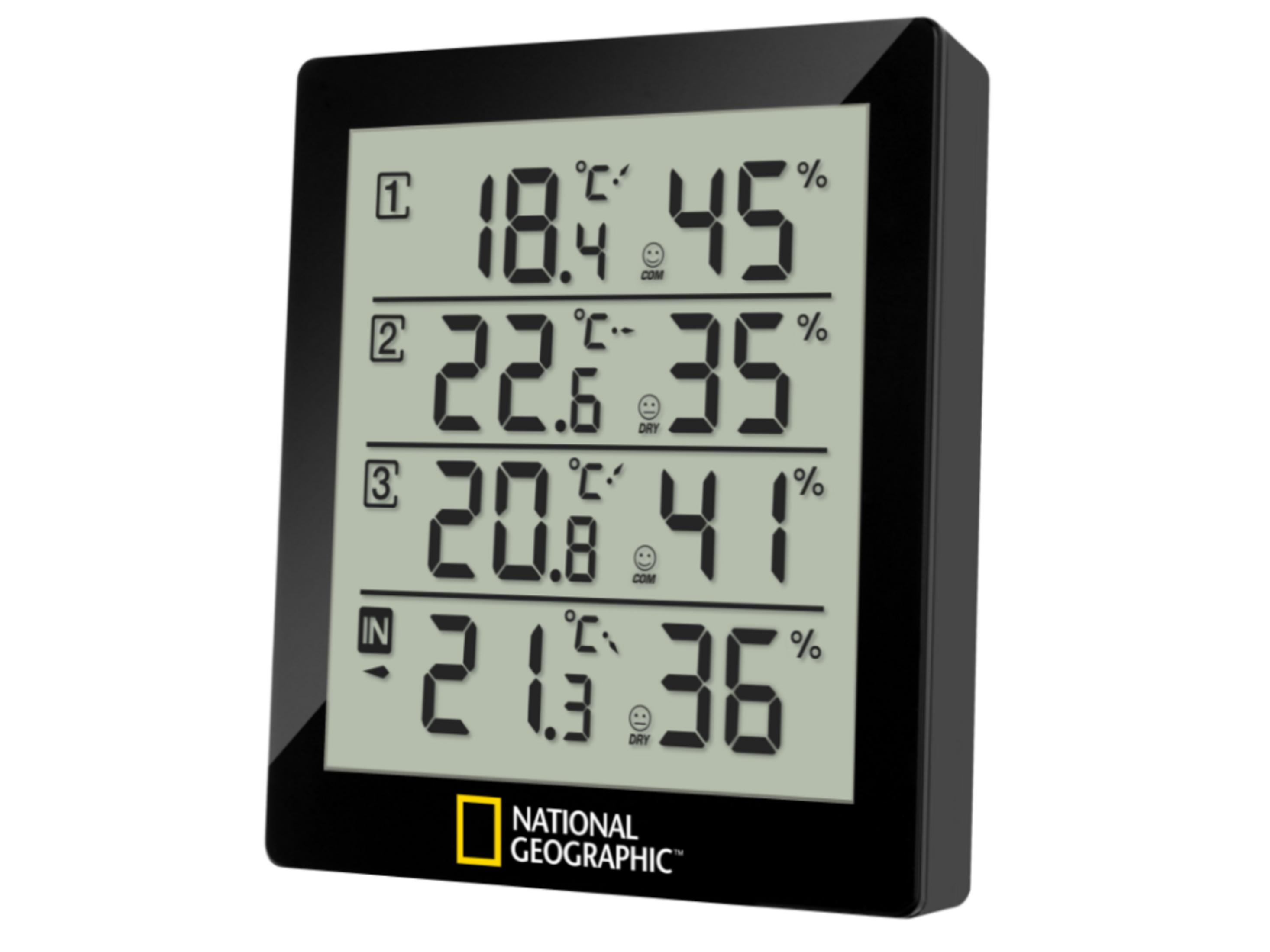 Un termómetro/higrómetro National Geographic muestra temperaturas y humedad.