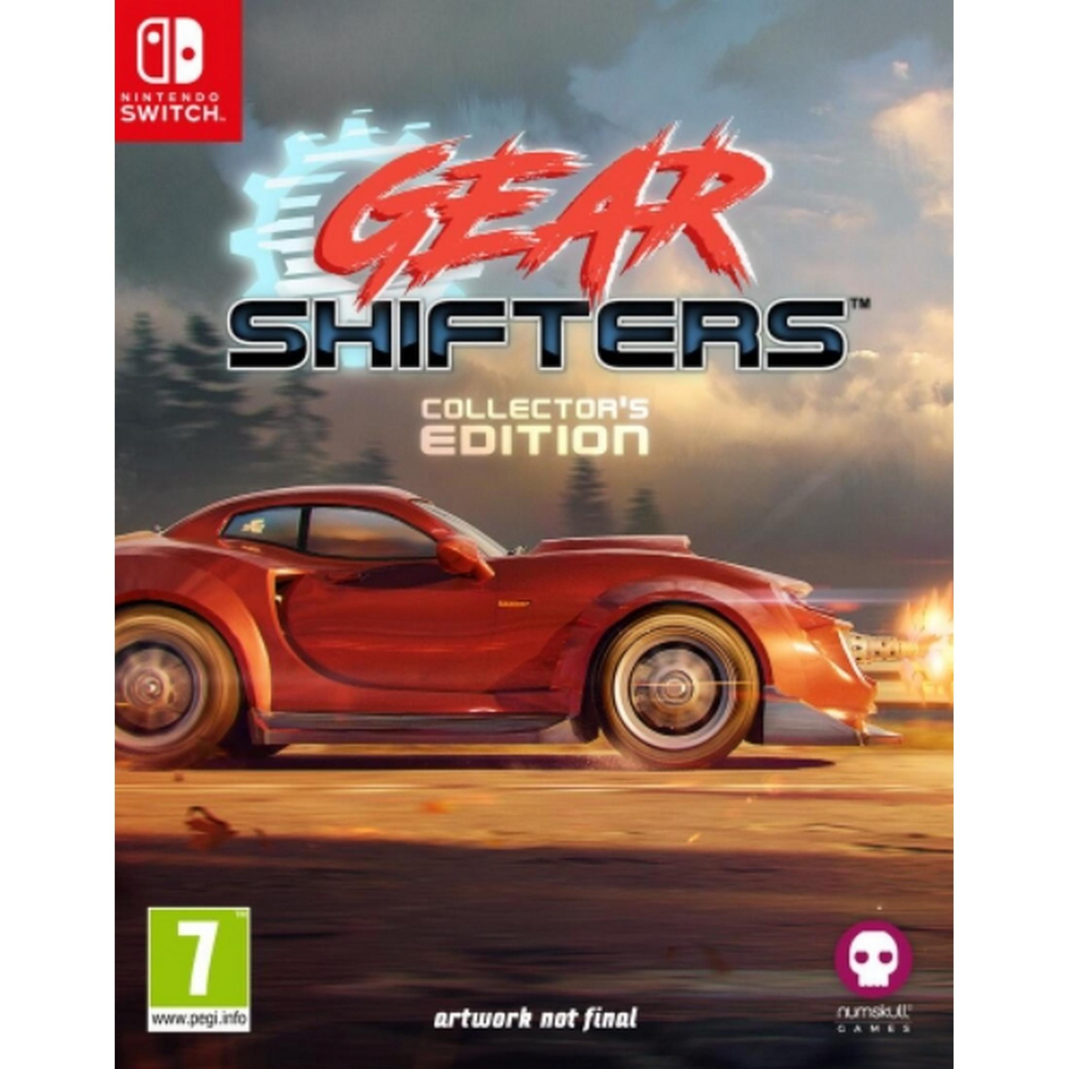 Auto da corsa rossa con fiamme e pistole, copertina gioco Nintendo Switch.