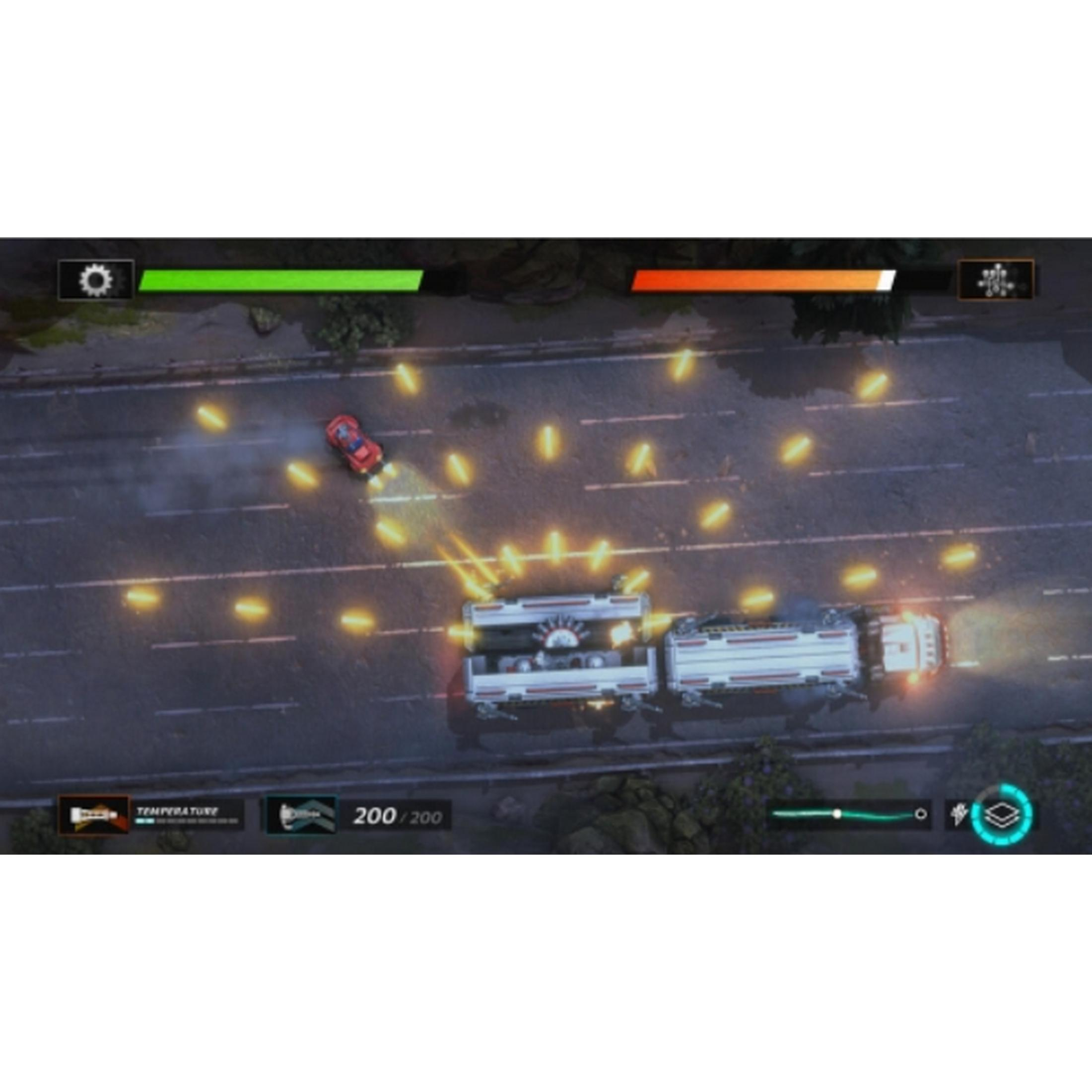 Un'auto rossa spara a un camion su una strada. Luci gialle li circondano.