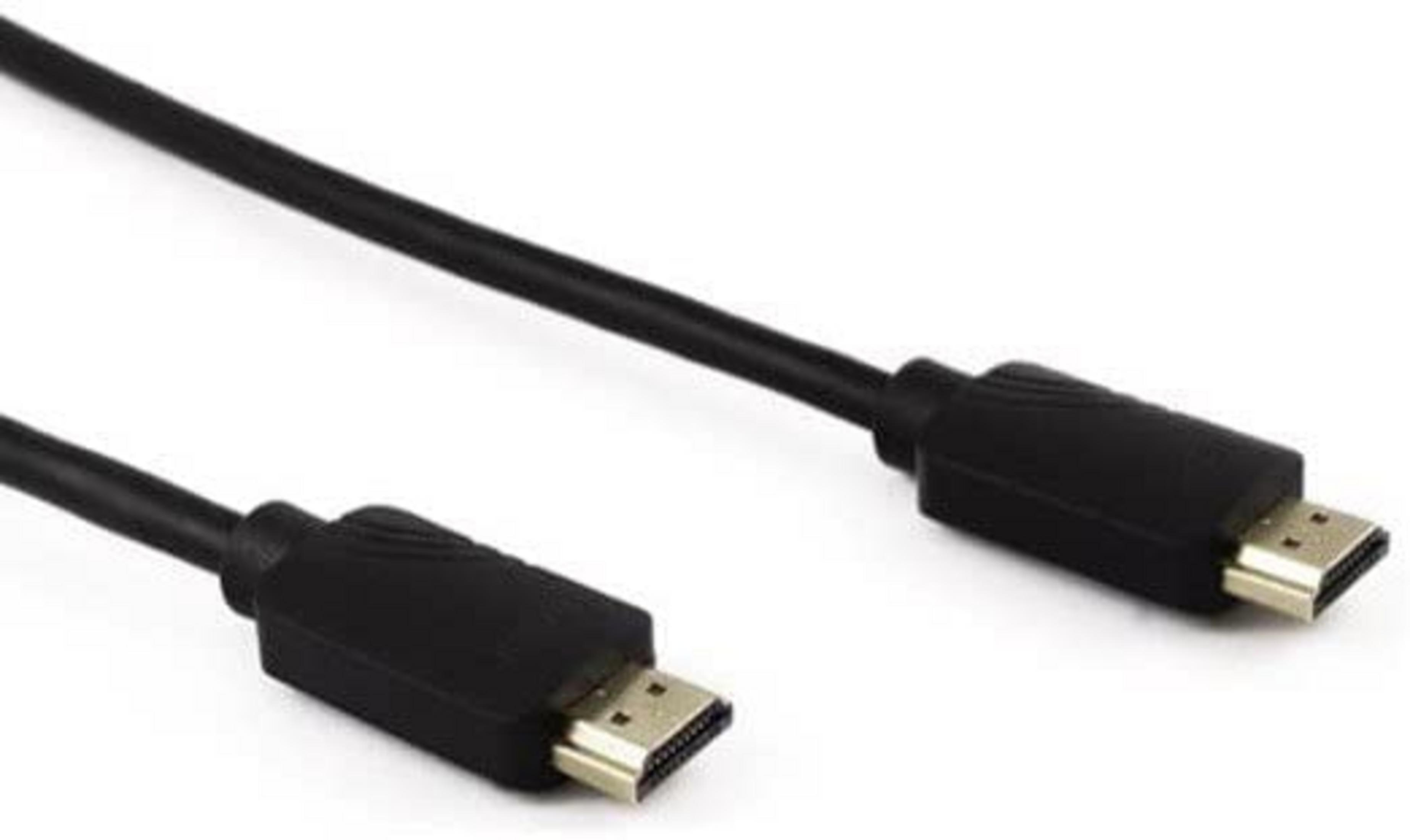Un cable HDMI negro con conectores dorados sobre fondo blanco.
