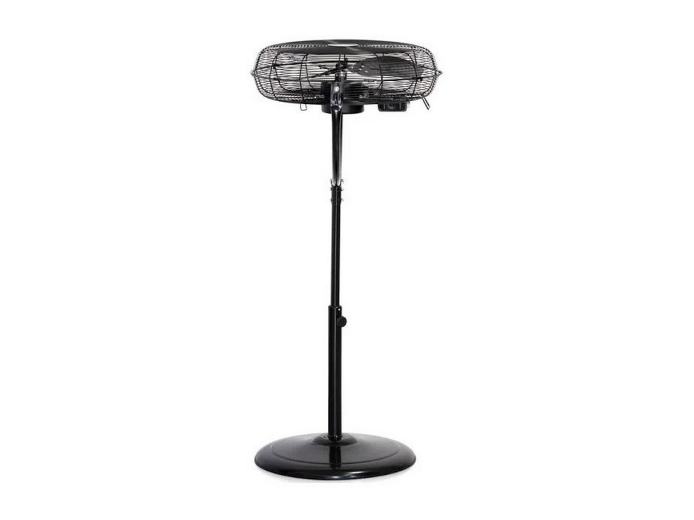 Un ventilatore da terra nero con base rotonda e supporto regolabile.