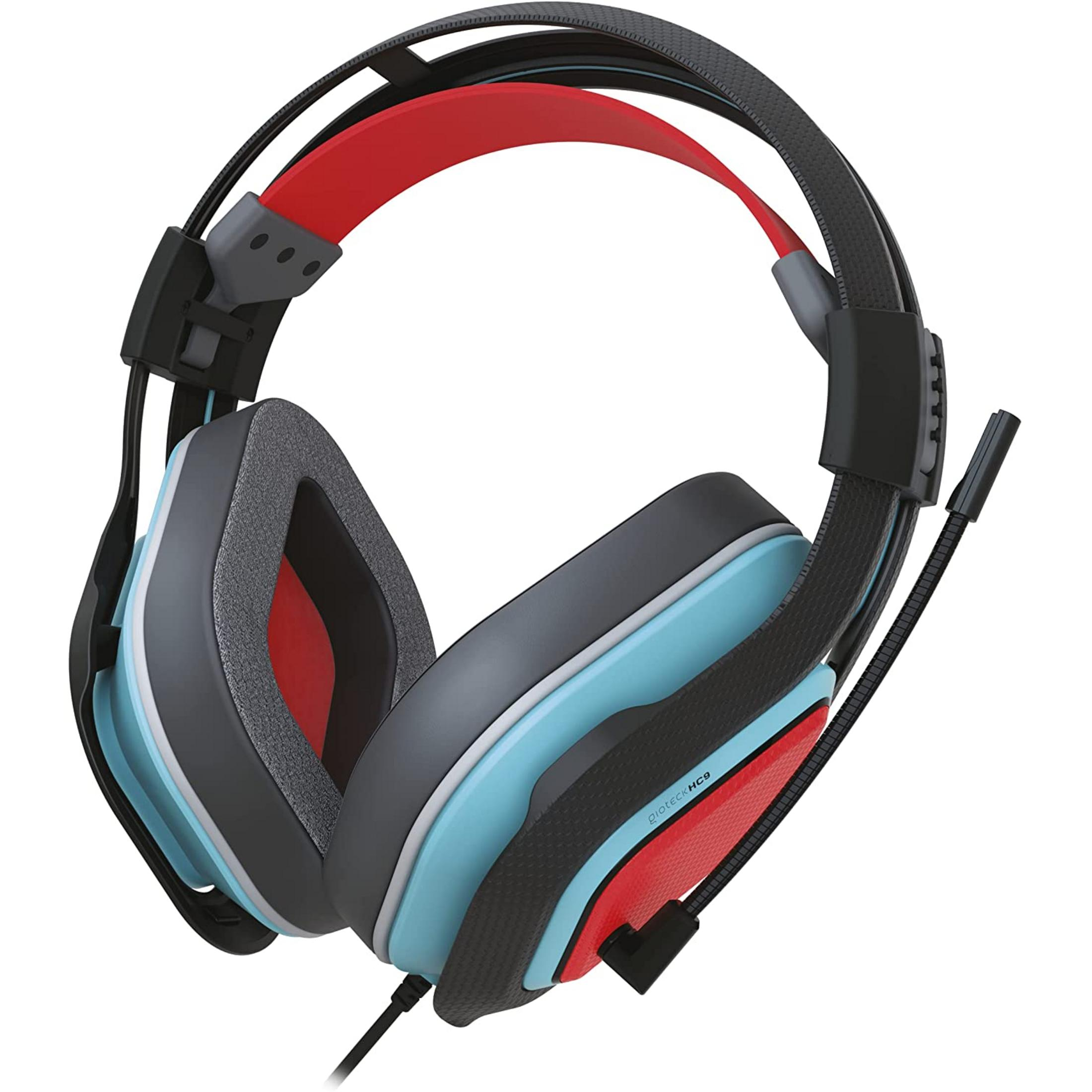 Cuffie da gioco grigie con accenti blu, rossi e neri e un microfono.