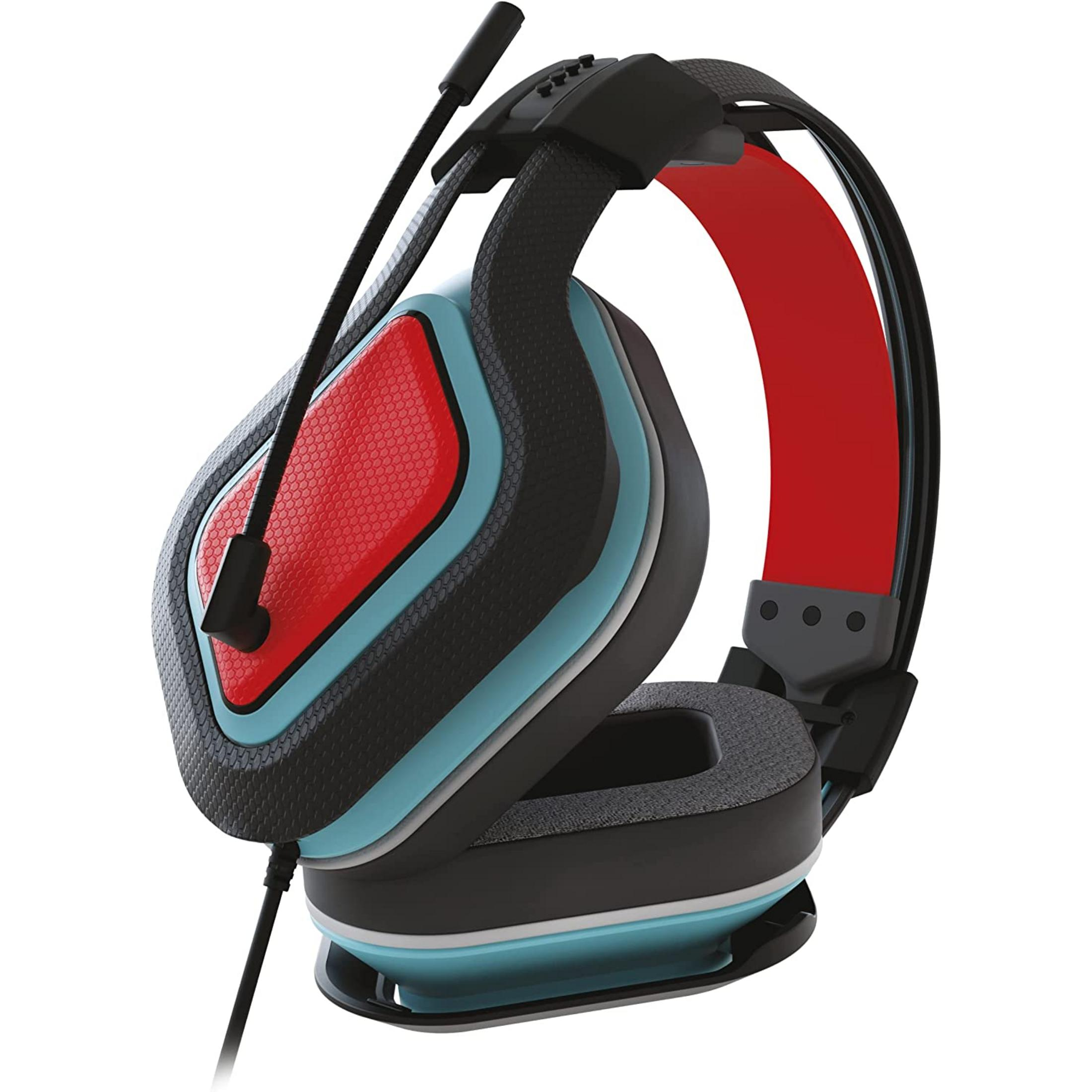 Cuffie da gaming nere con accenti rossi, blu e grigi e microfono flessibile.
