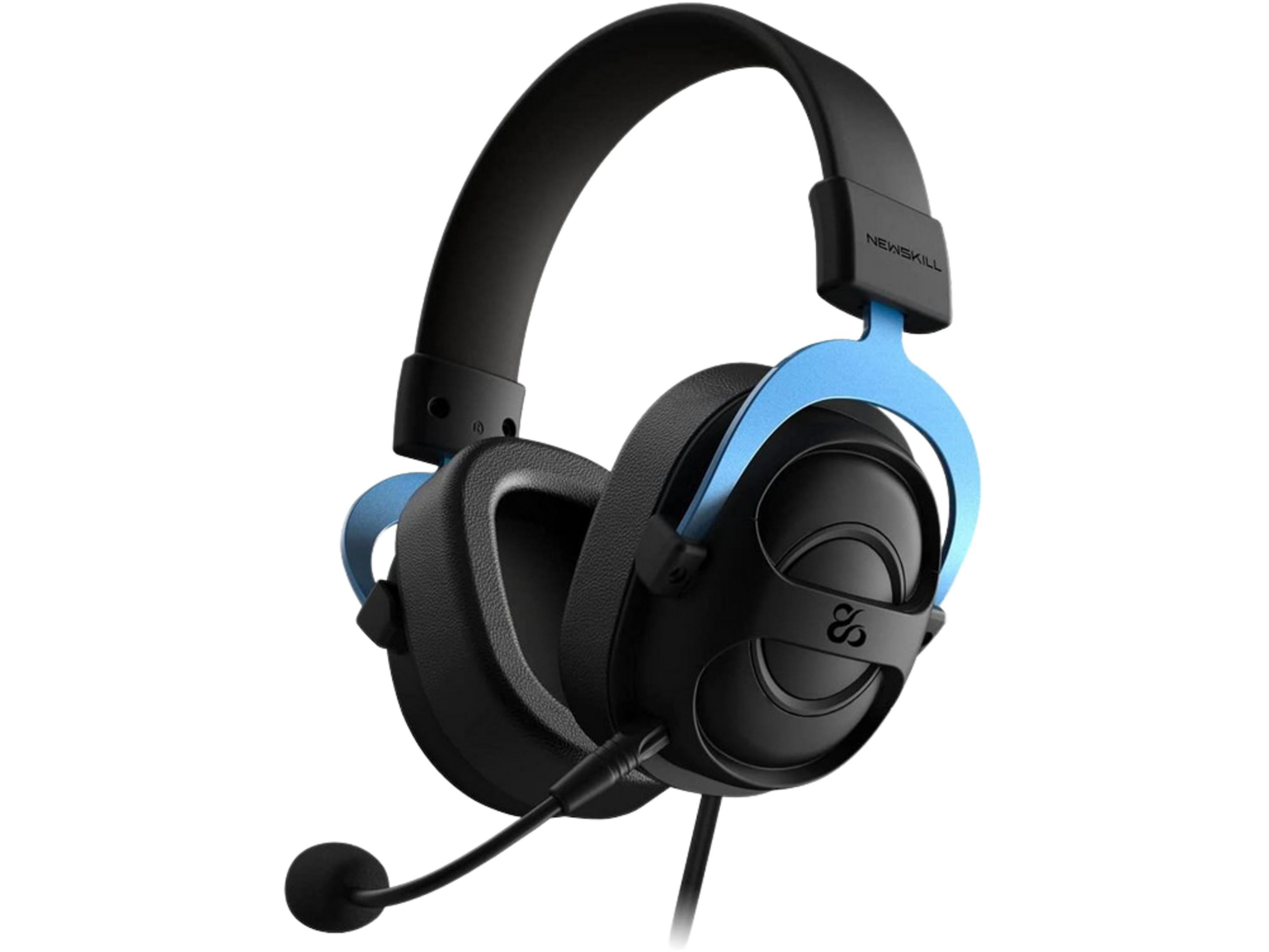 Cuffie da gaming nere con accenti blu e microfono.