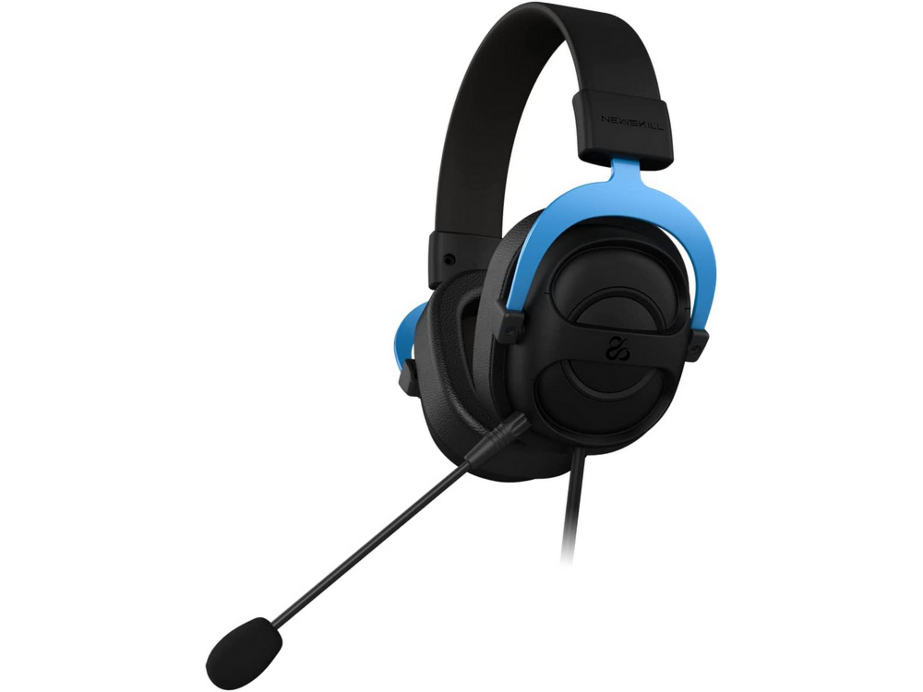 Cuffie nere con archetto blu e microfono su sfondo bianco.
