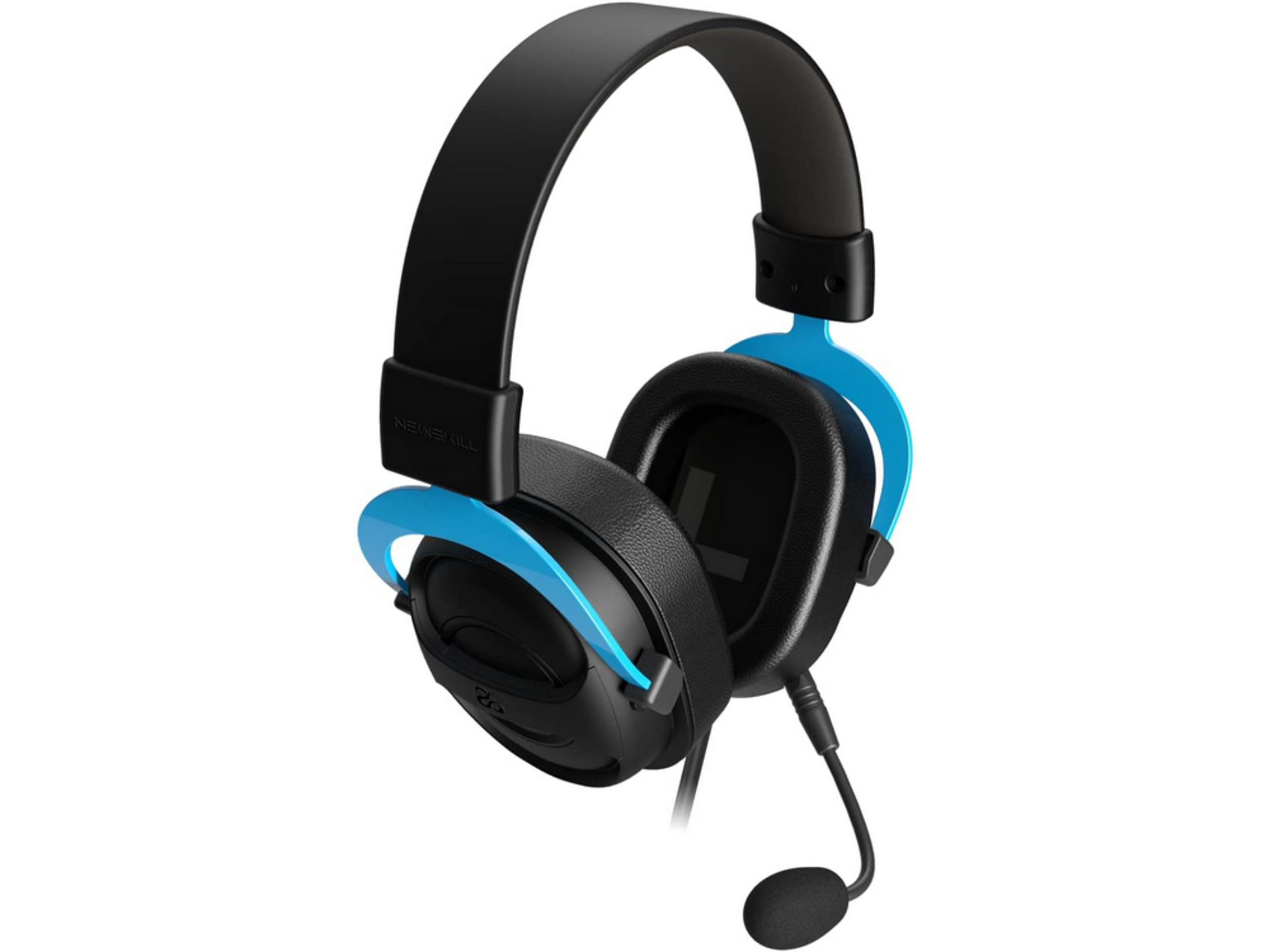 Cuffie nere con accenti blu e microfono.