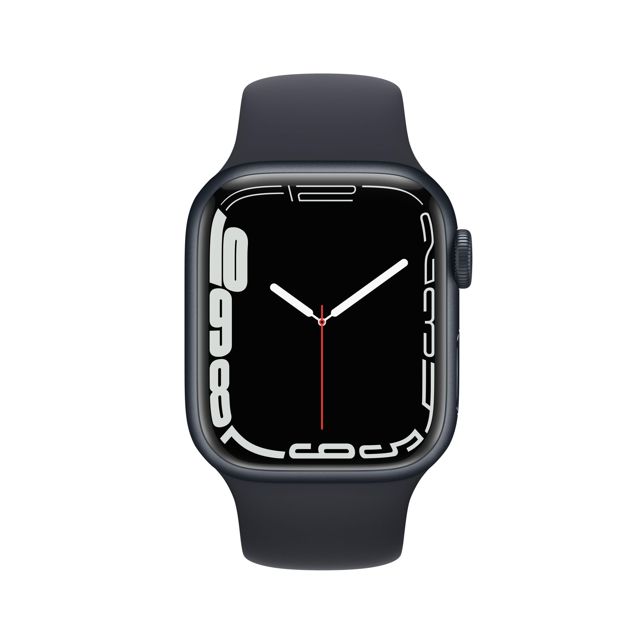 Un reloj inteligente gris oscuro con esfera negra y manecillas blancas.