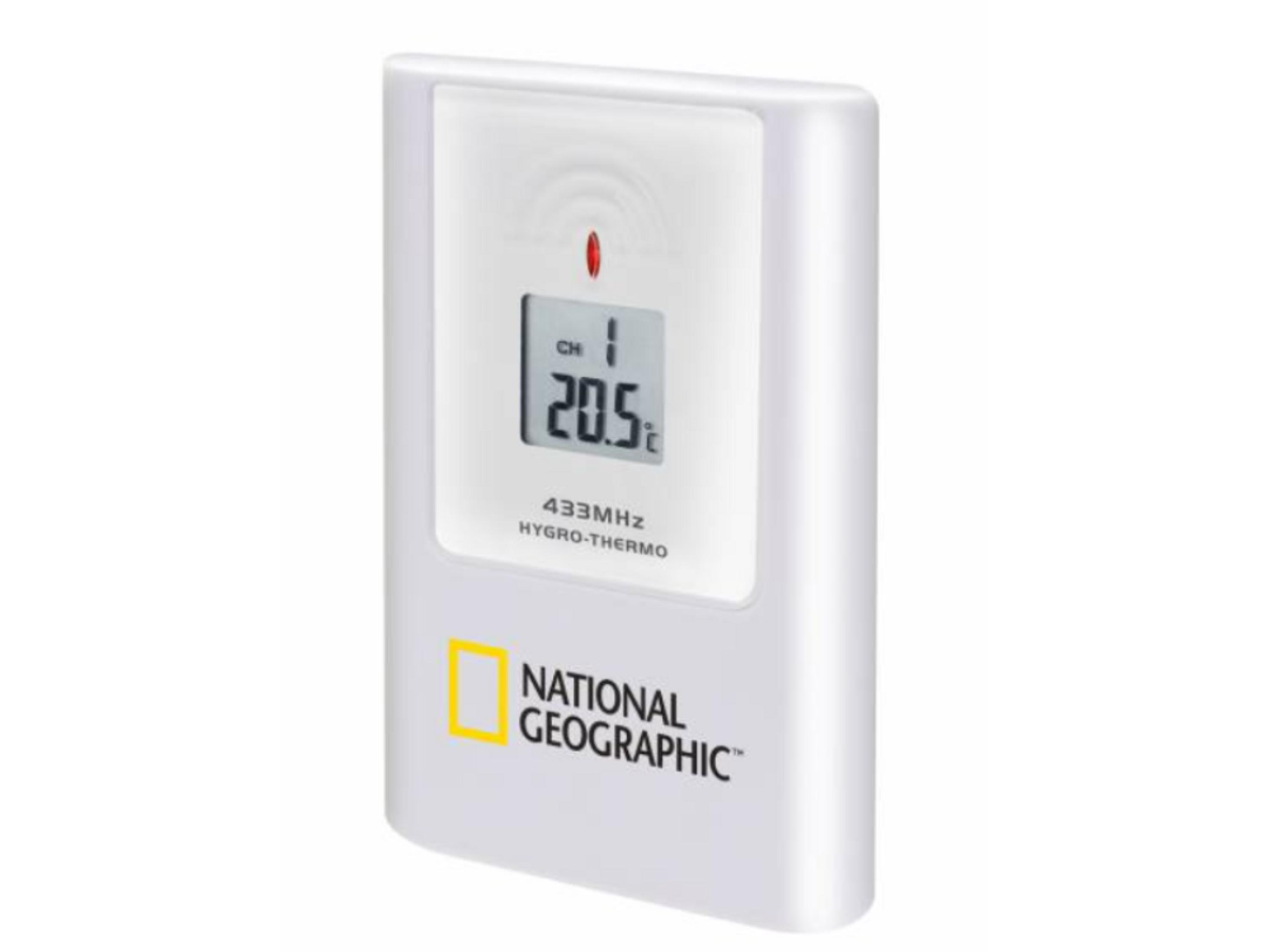 Un dispositivo higro-termo blanco de National Geographic que muestra 20.5°C.