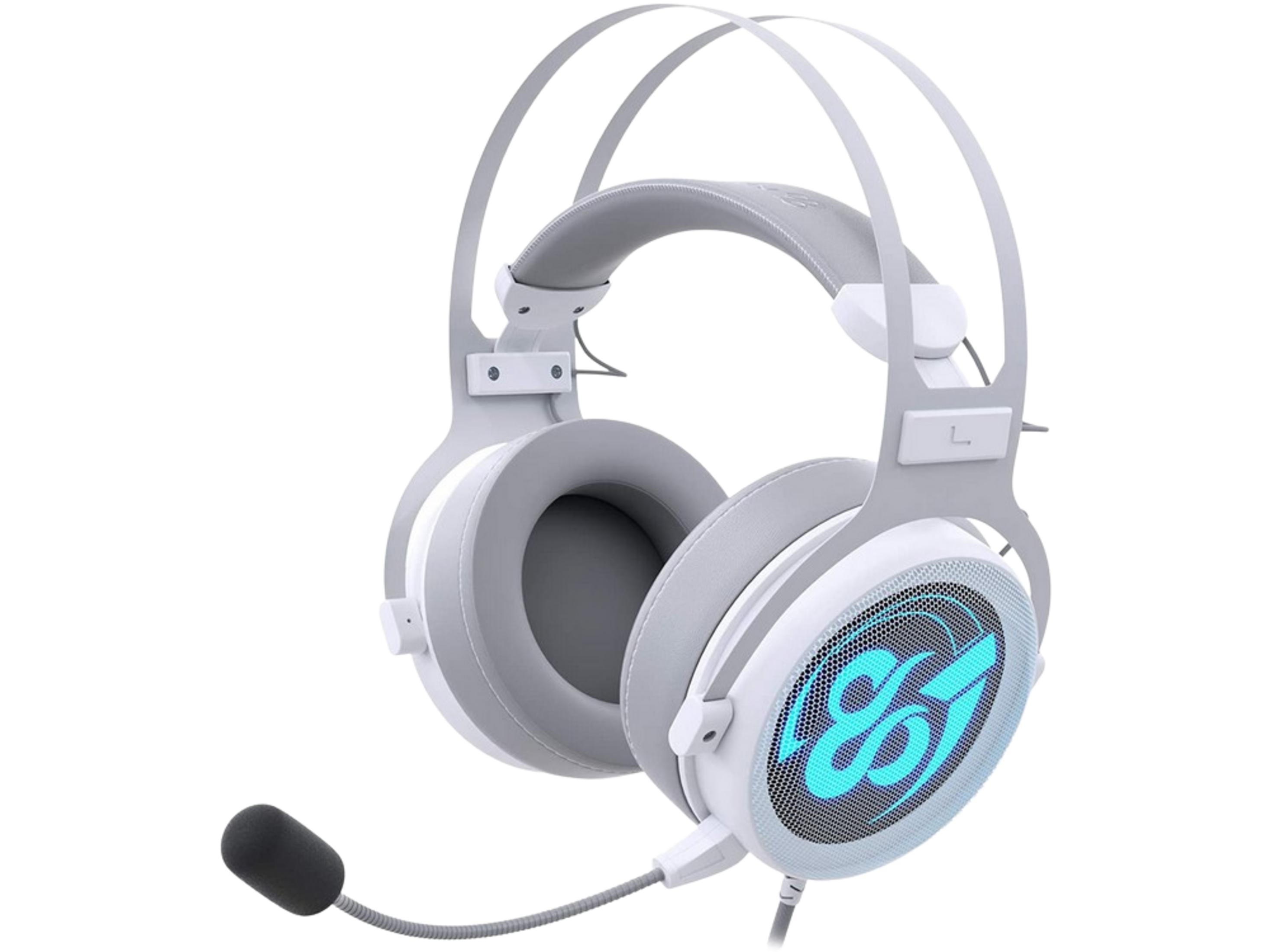 Un auricolare bianco con padiglioni grigi e illuminazione blu.