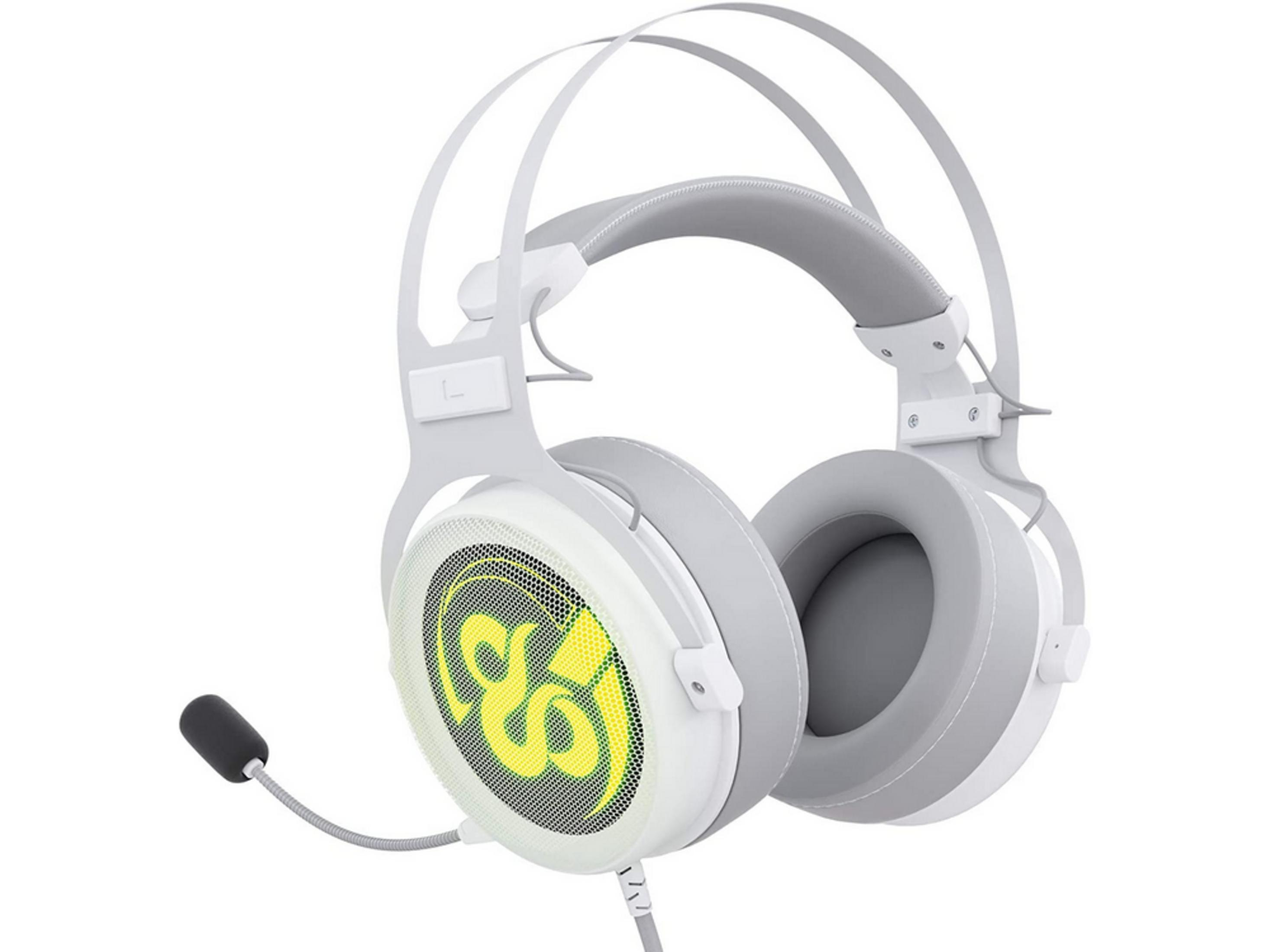 Cuffie da gaming bianche con microfono e logo giallo sull'auricolare sinistro.