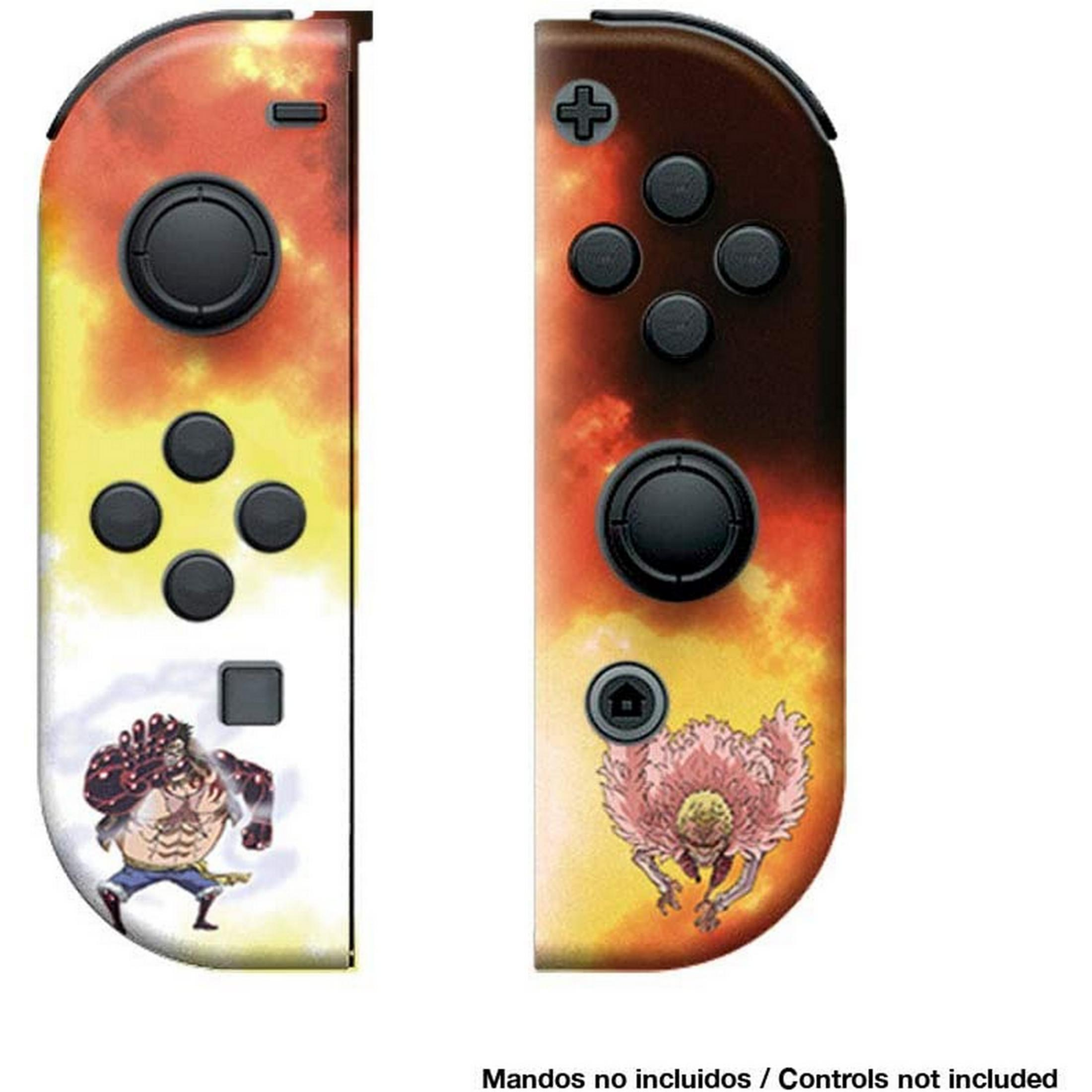 Dos agarres de controlador con personajes de anime y diseño de llamas.