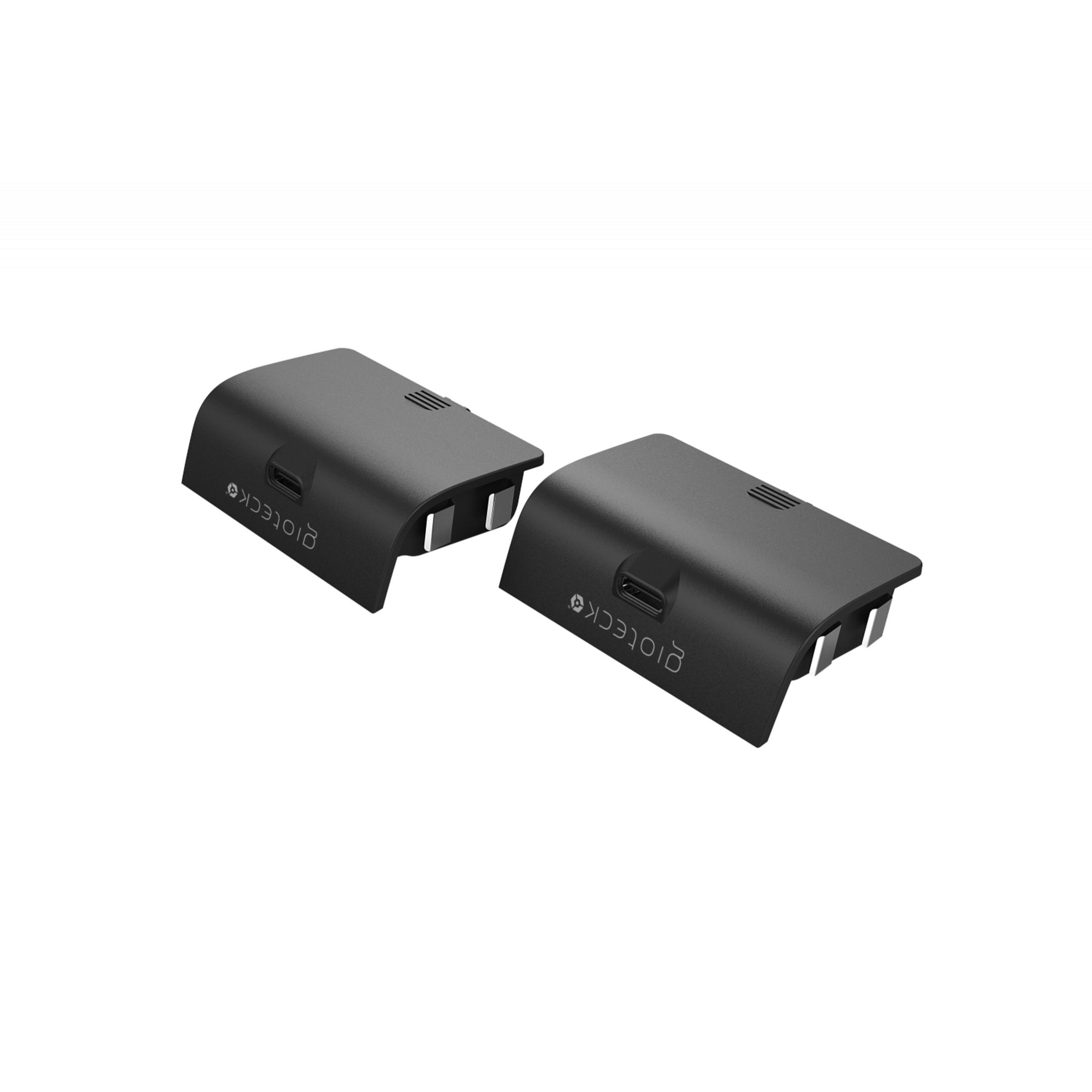 Due coperture batteria nere con porta USB-C e fessure di ventilazione.