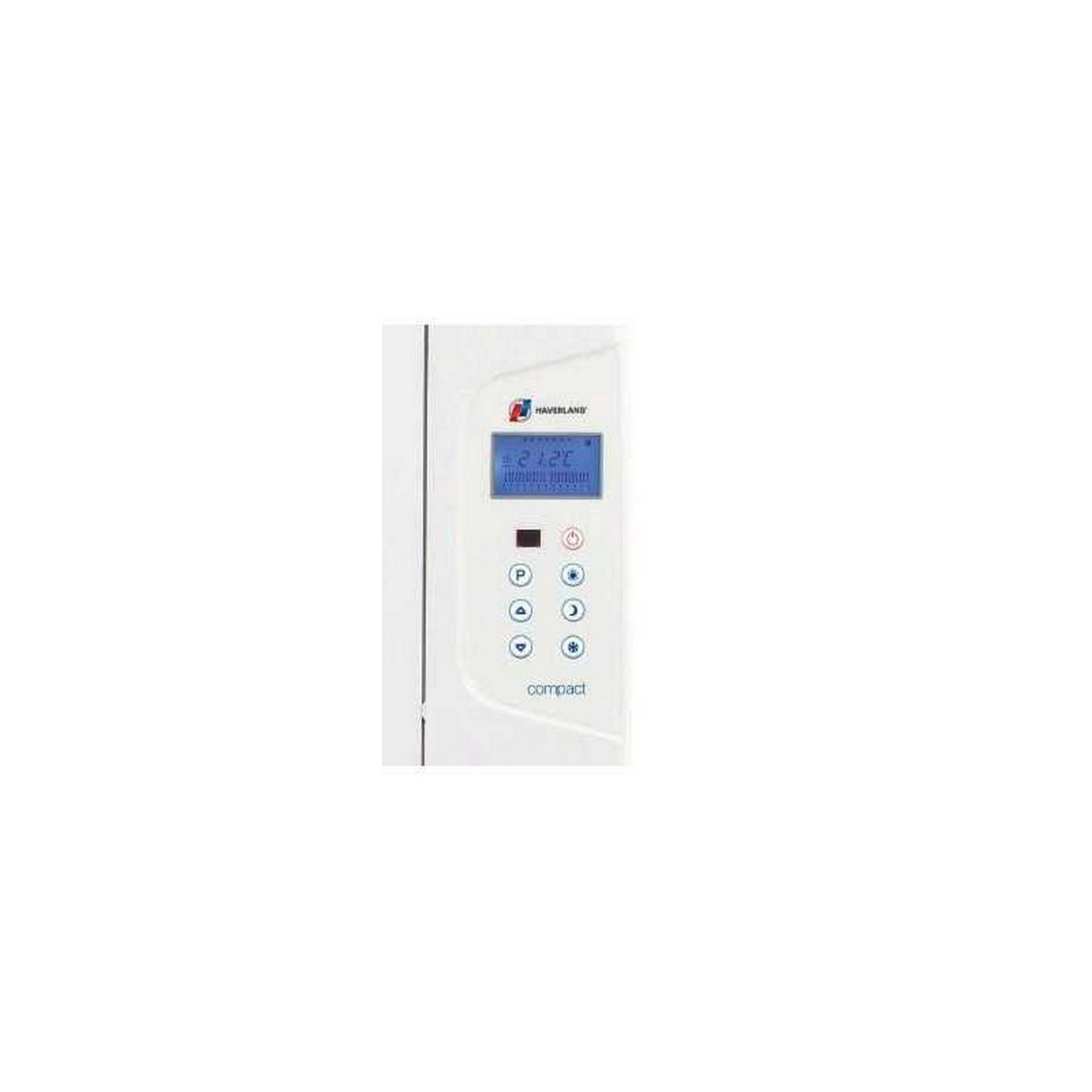 Un panel de control blanco con pantalla LCD azul y botones.