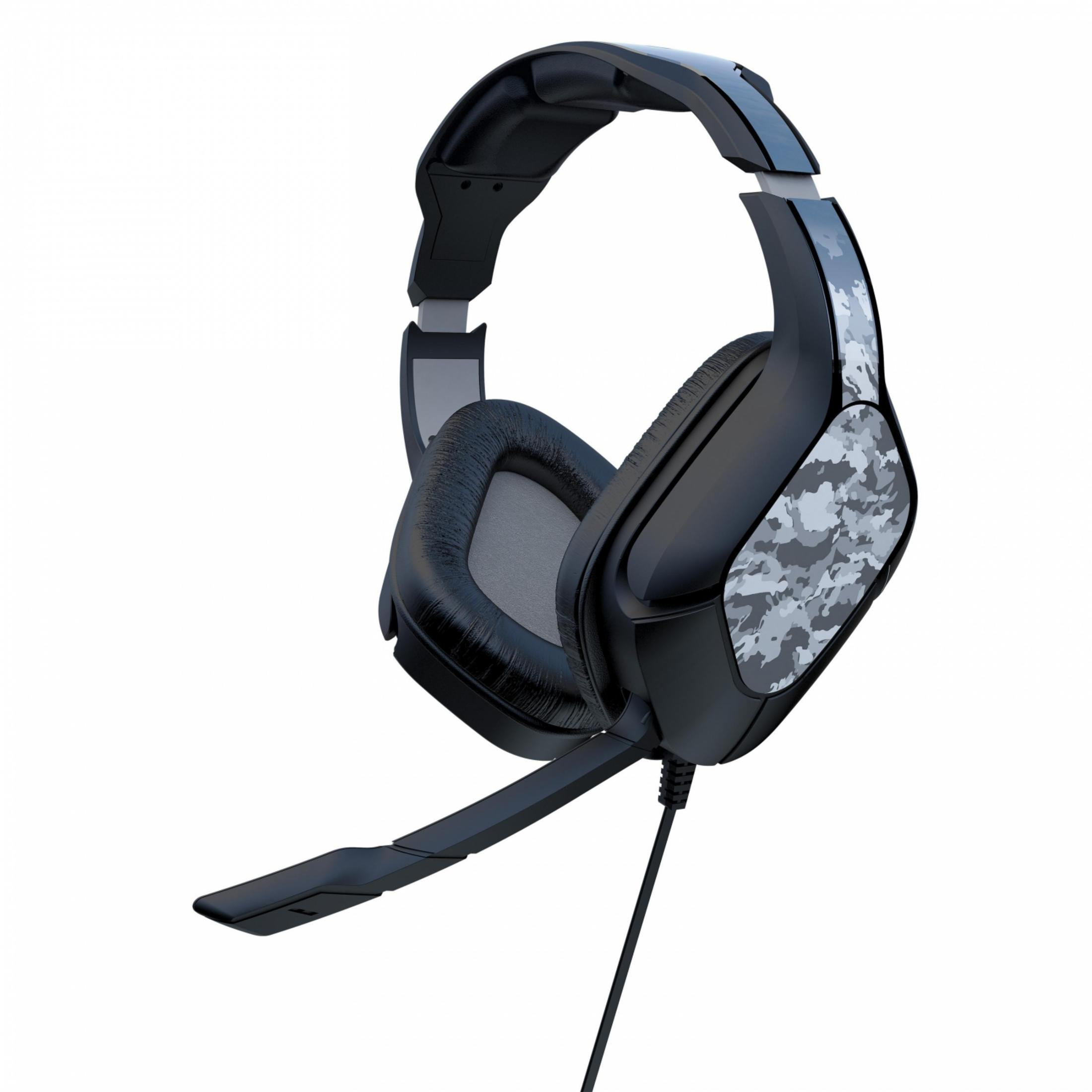 Cuffie da gaming nere con motivo mimetico sui padiglioni e microfono.