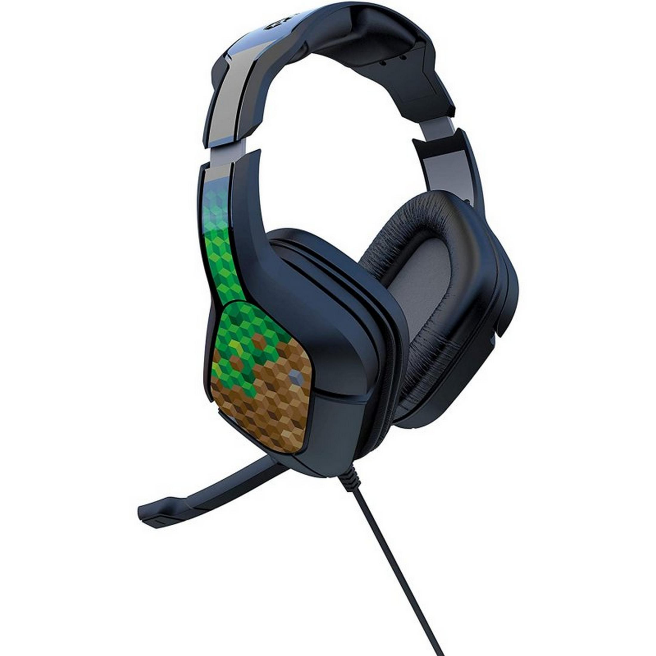 Cuffie da gaming nere con design a tema Minecraft sui padiglioni.