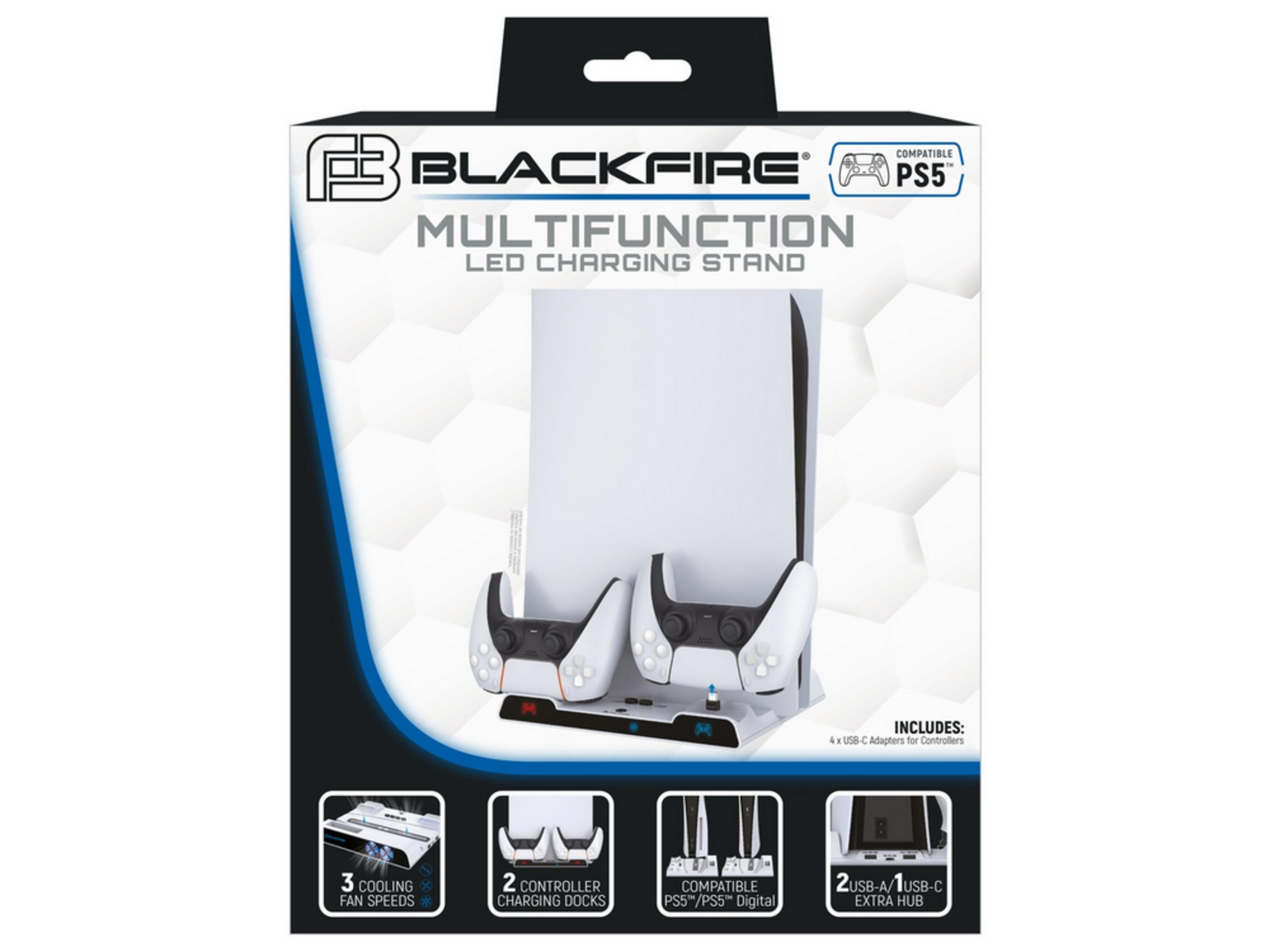 Base de carga LED multifunción Blackfire para PS5 con dos mandos.