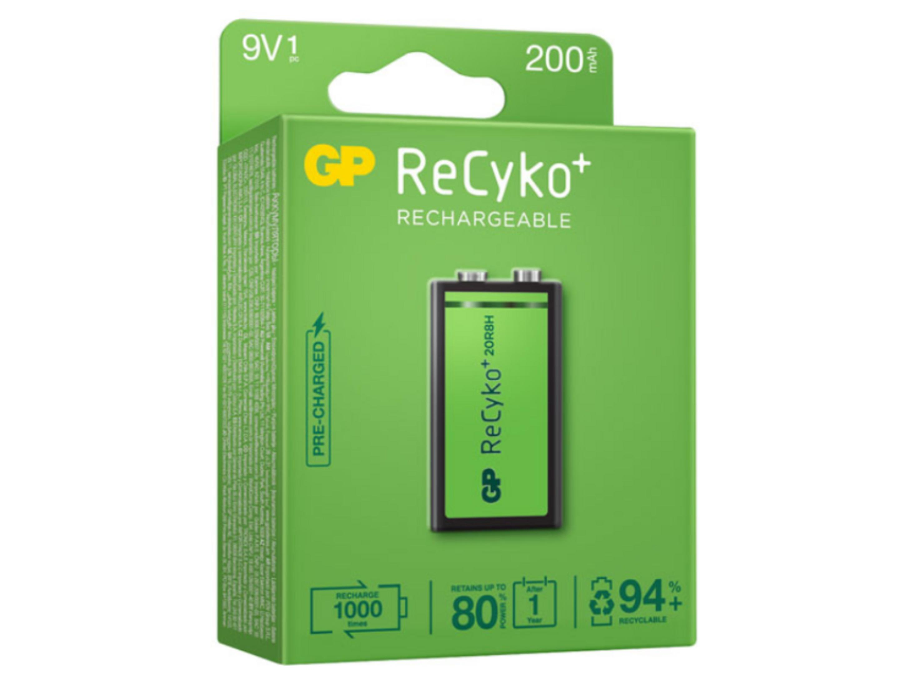 Paquete verde para batería GP ReCyko+ de 9V, 200mAh, recargable.