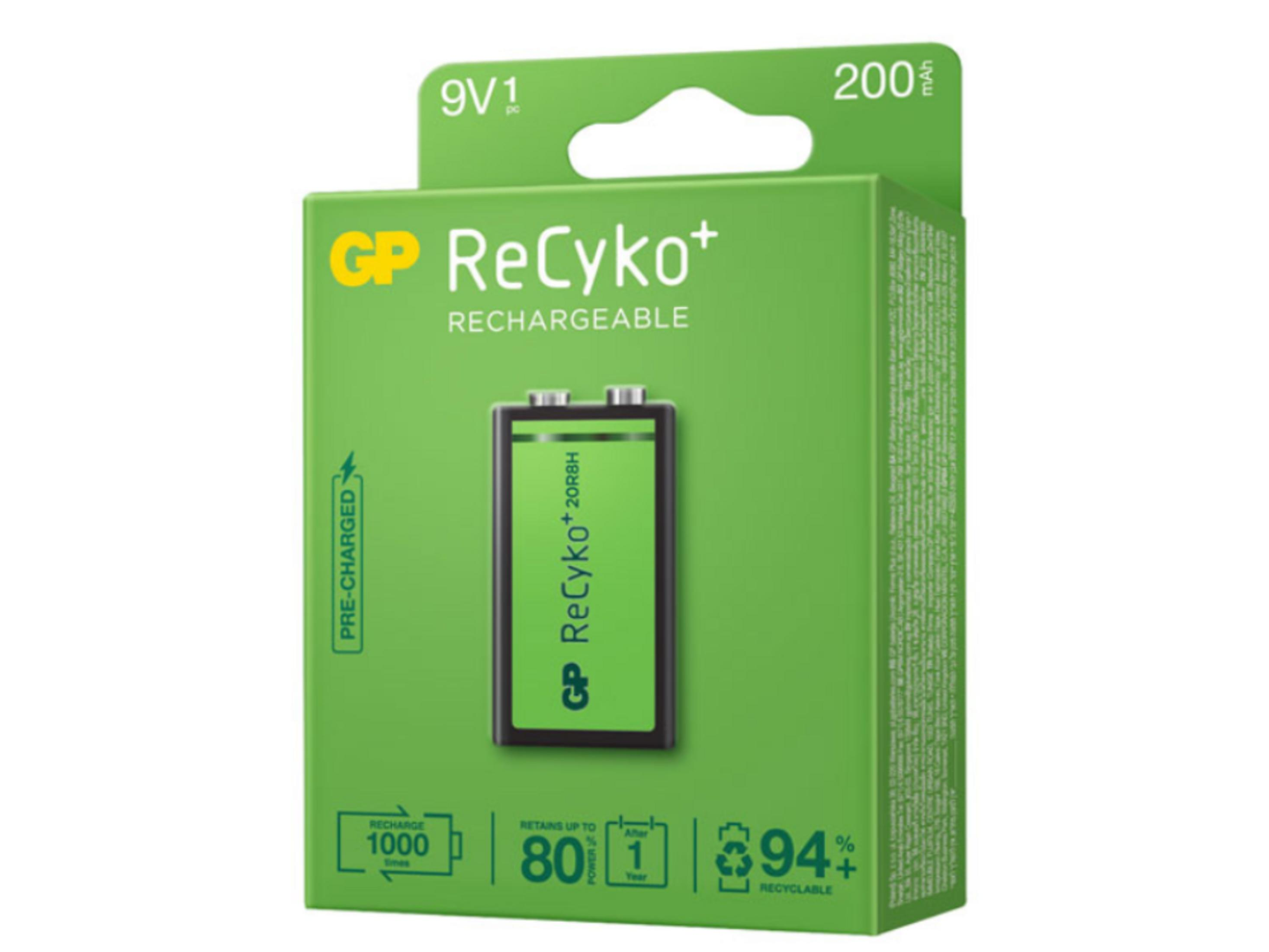 Paquete verde con una batería recargable de 9 V y 200 mAh.