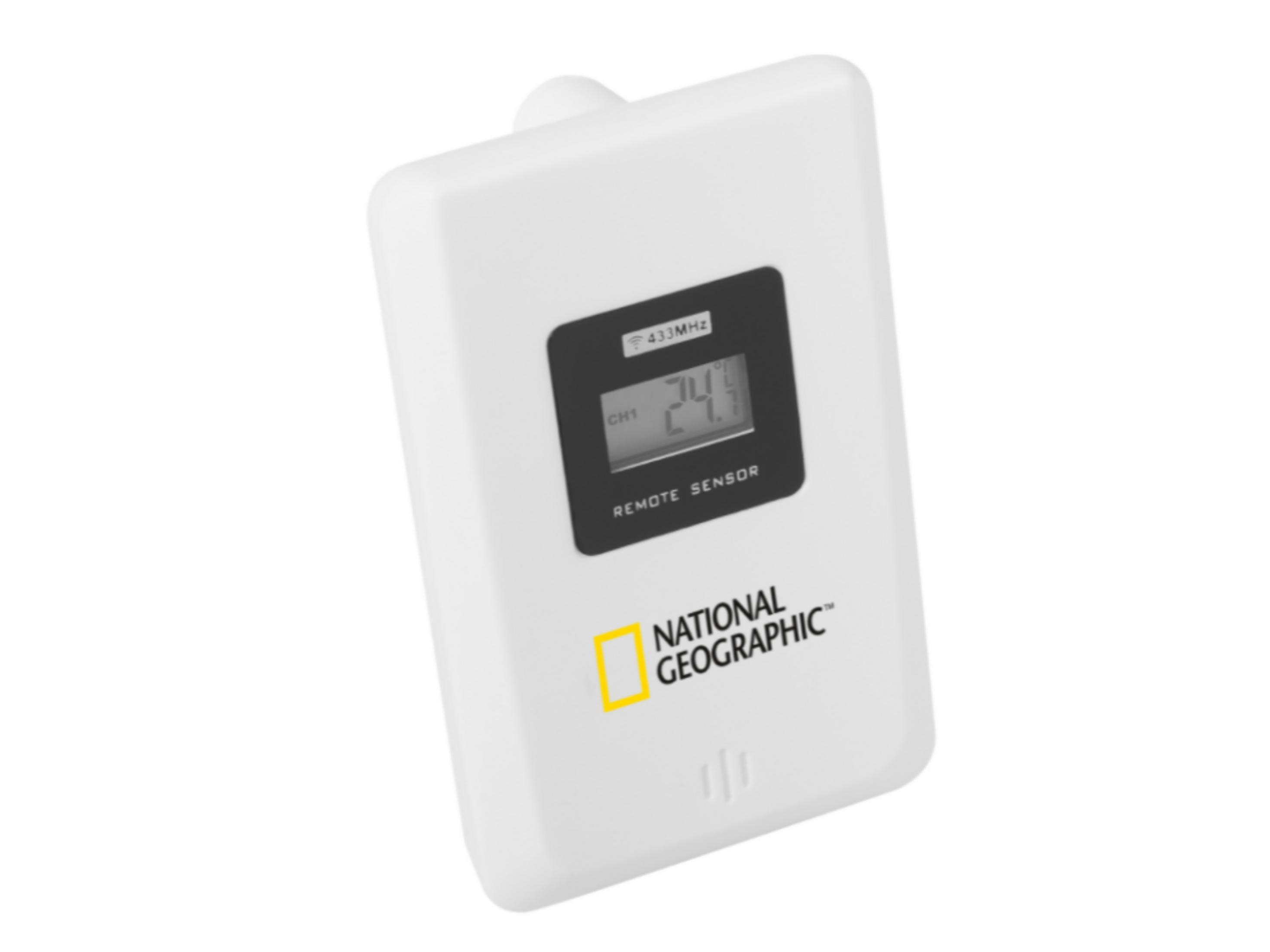 Sensor remoto National Geographic blanco con pantalla LCD que muestra 24,1 grados.