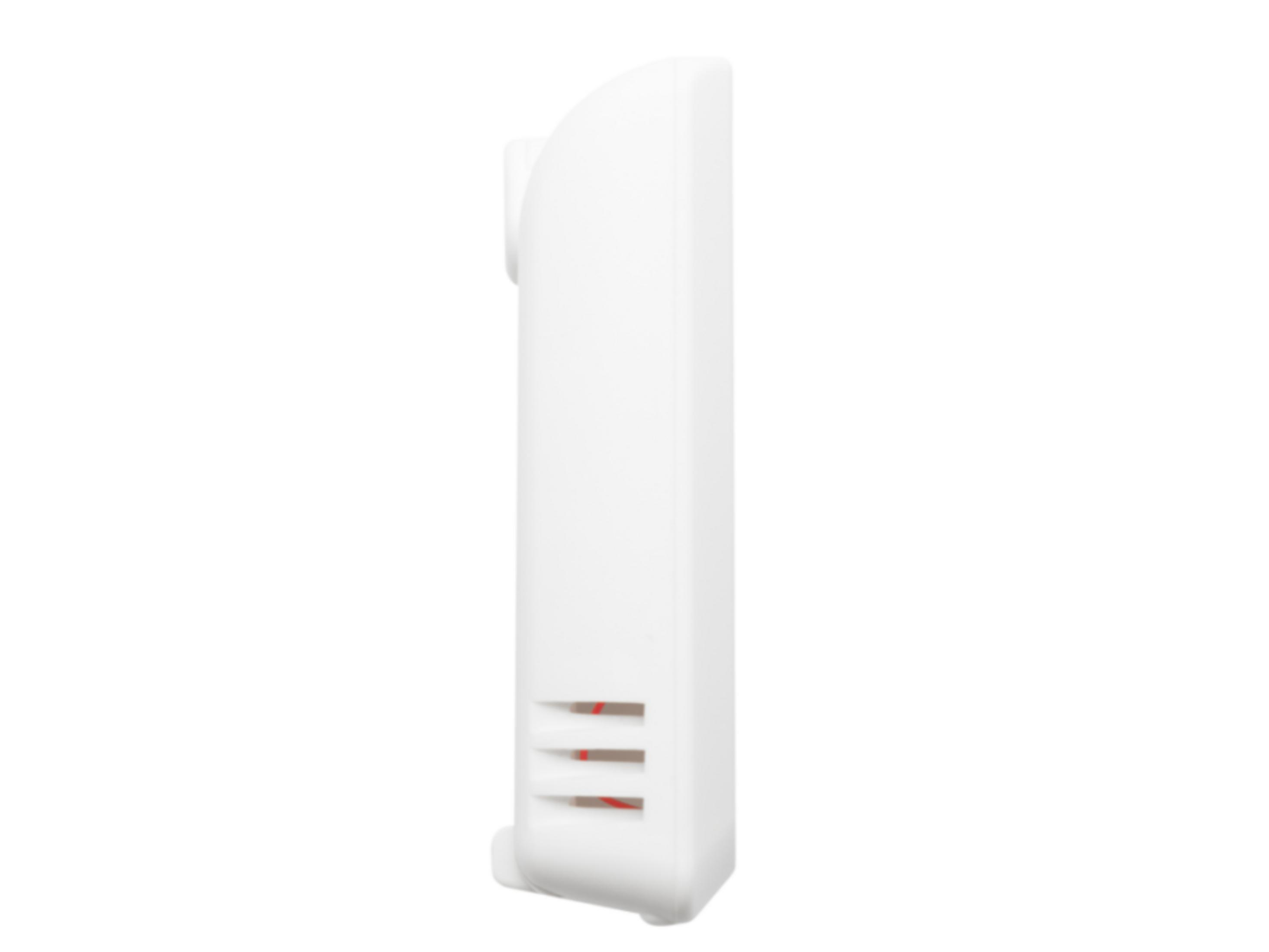 Un dispositivo blanco con tres rejillas de ventilación horizontales y detalles rojos.