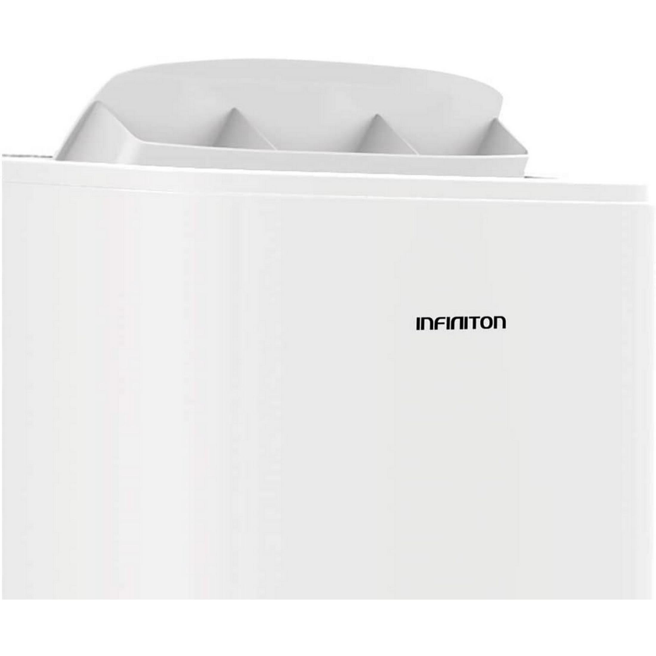Un electrodoméstico blanco con tapa abatible y el logo INFINITON.