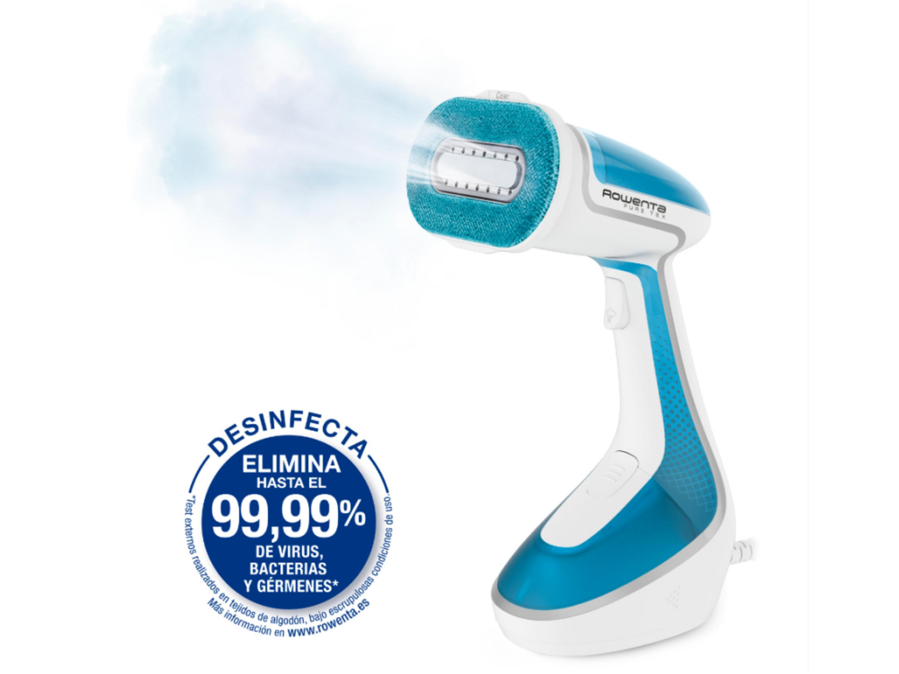 Un vaporizador de mano azul y blanco emite vapor. Texto en español.