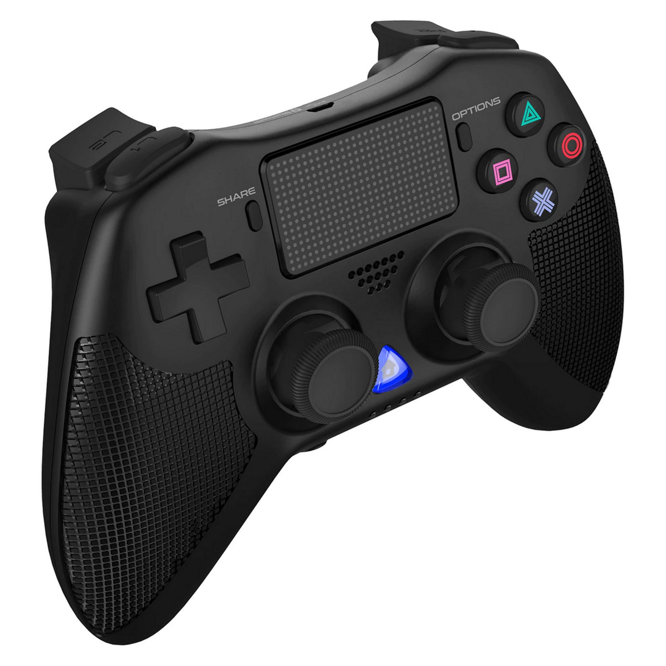 Controller da gioco nero con due stick analogici, D-pad e pulsanti.