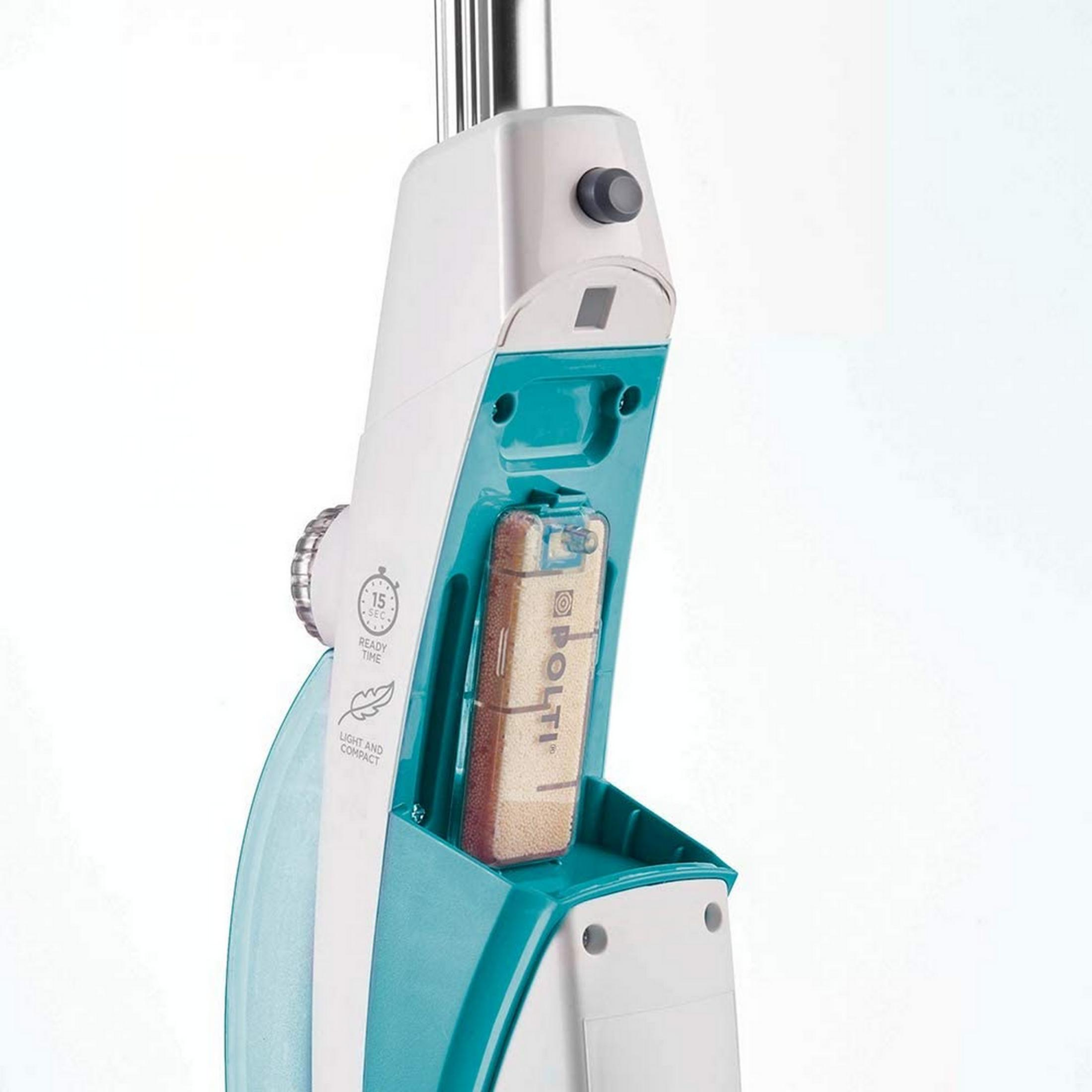 A white and teal steam cleaner with a visible water tank.