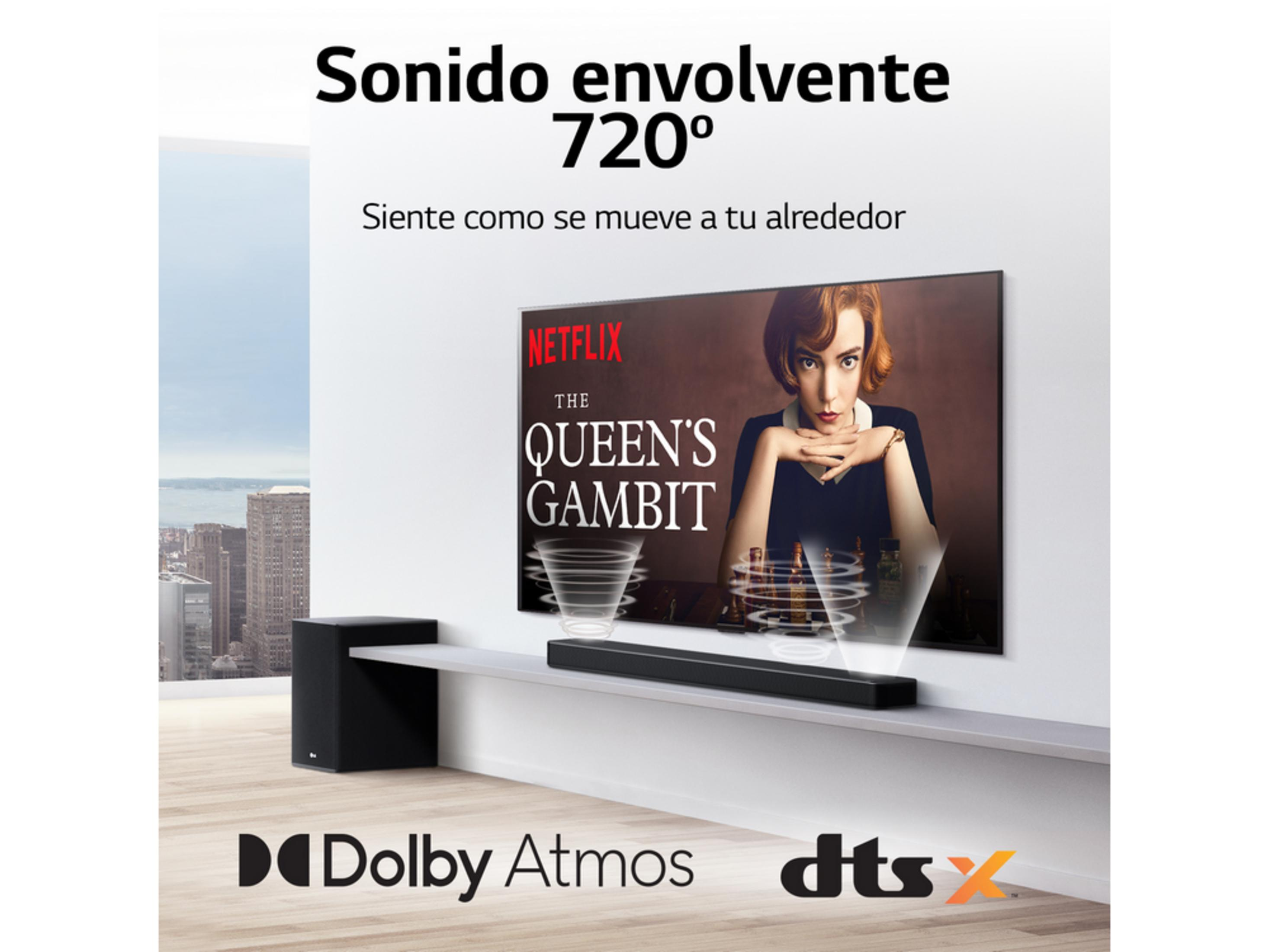 TV displays 'The Queen's Gambit' with soundbar and subwoofer. City skyline in background.