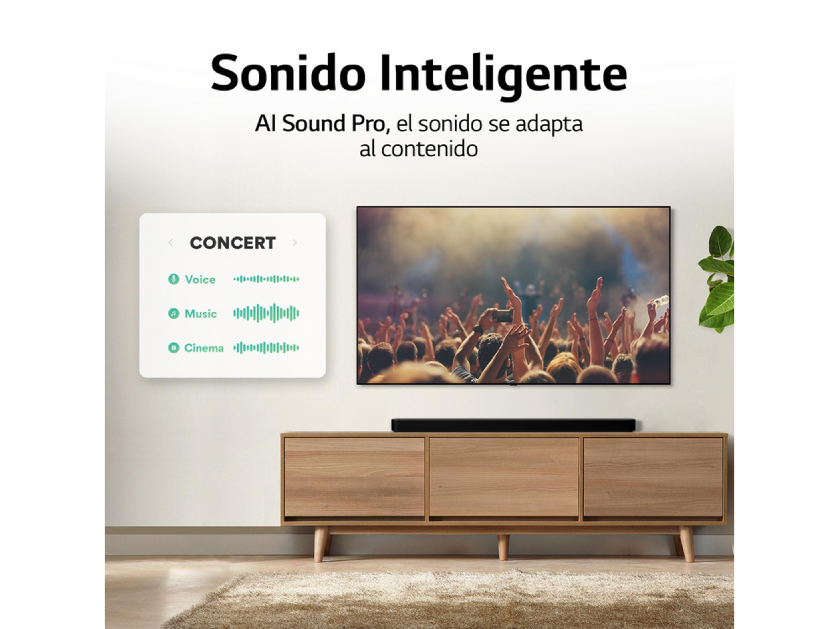 A TV shows a concert crowd. A menu with sound modes is on the left.