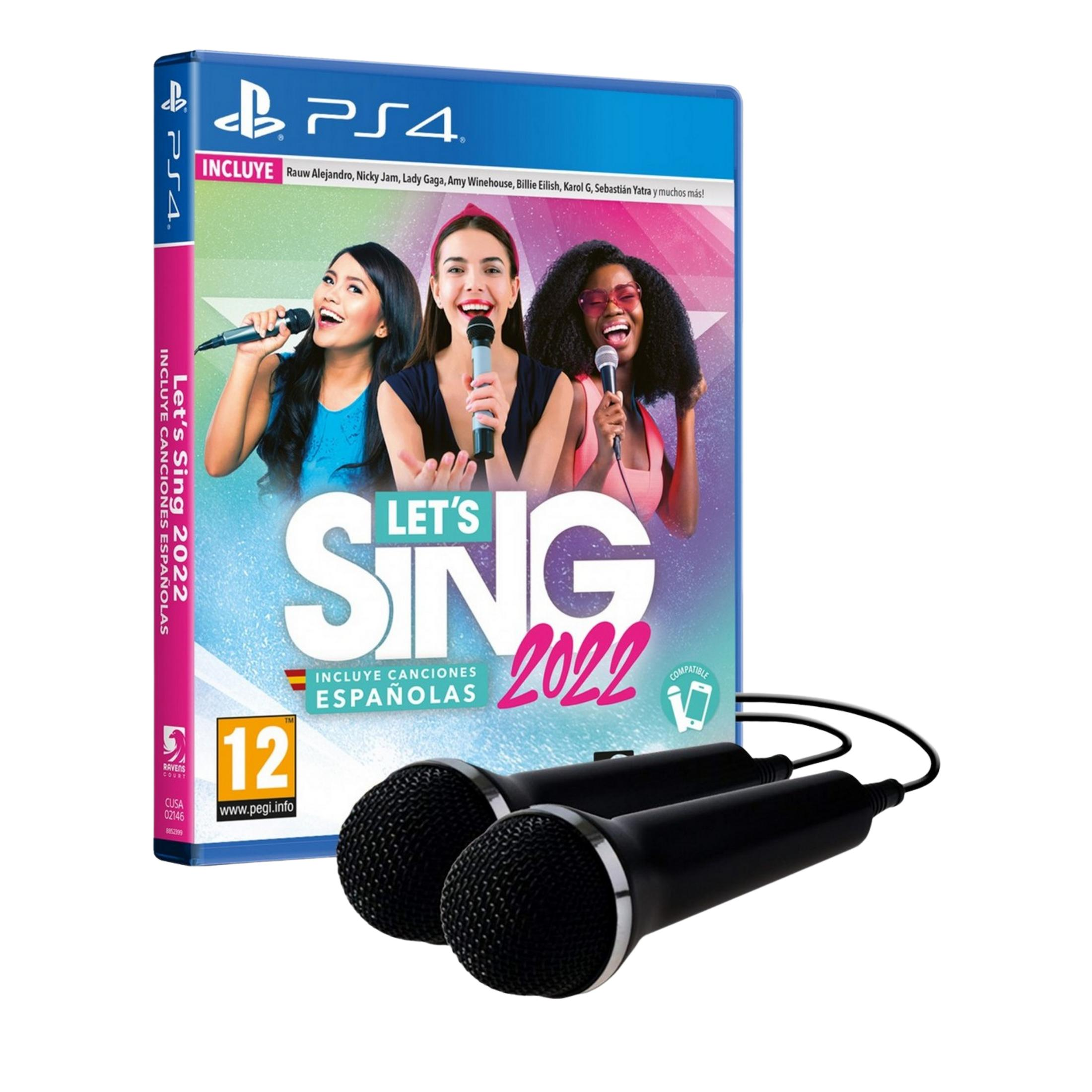 Funda del juego Let's Sing 2022 para PS4 con tres mujeres, micrófonos y dos externos.