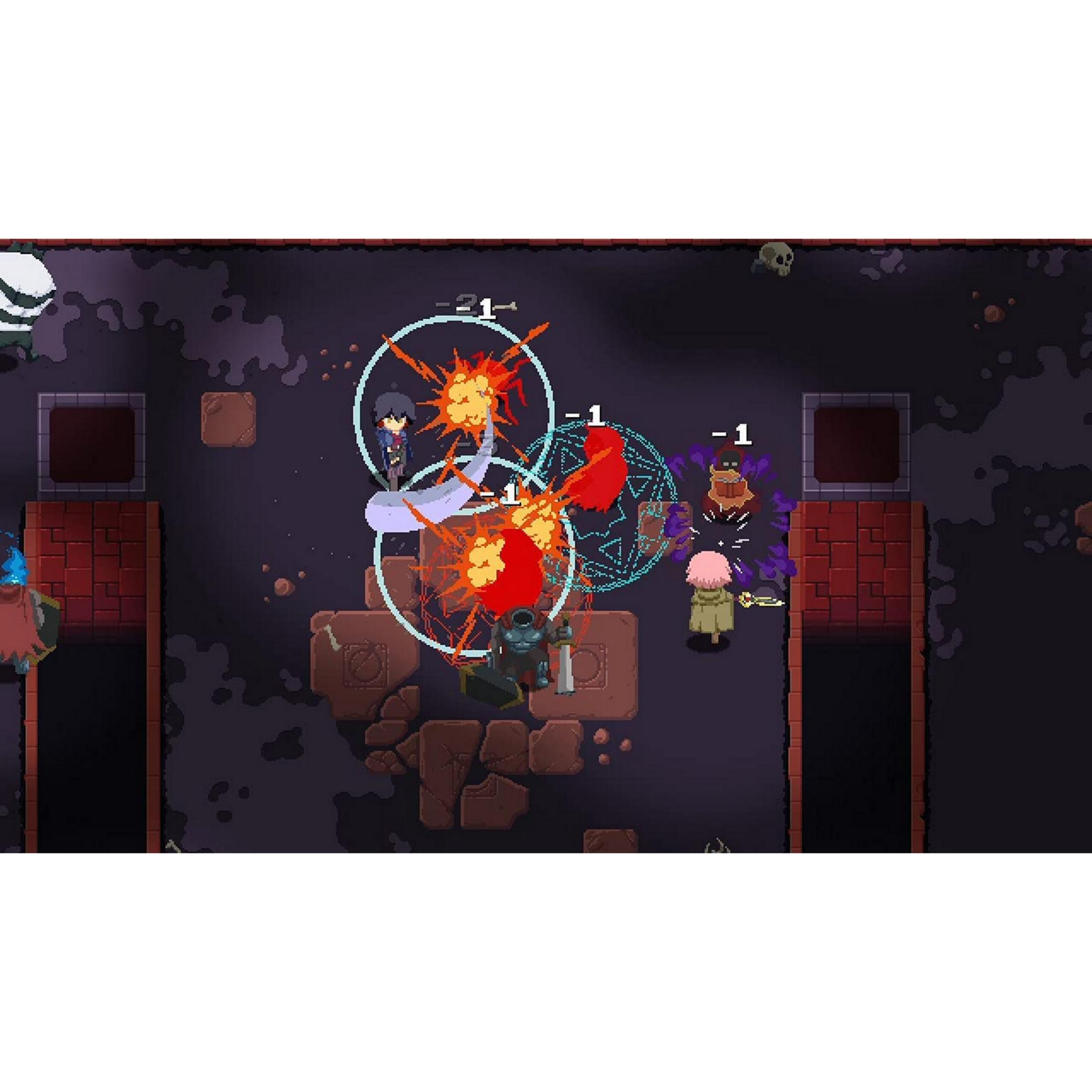 Pixel art battle with magic and swords in a dark arena.